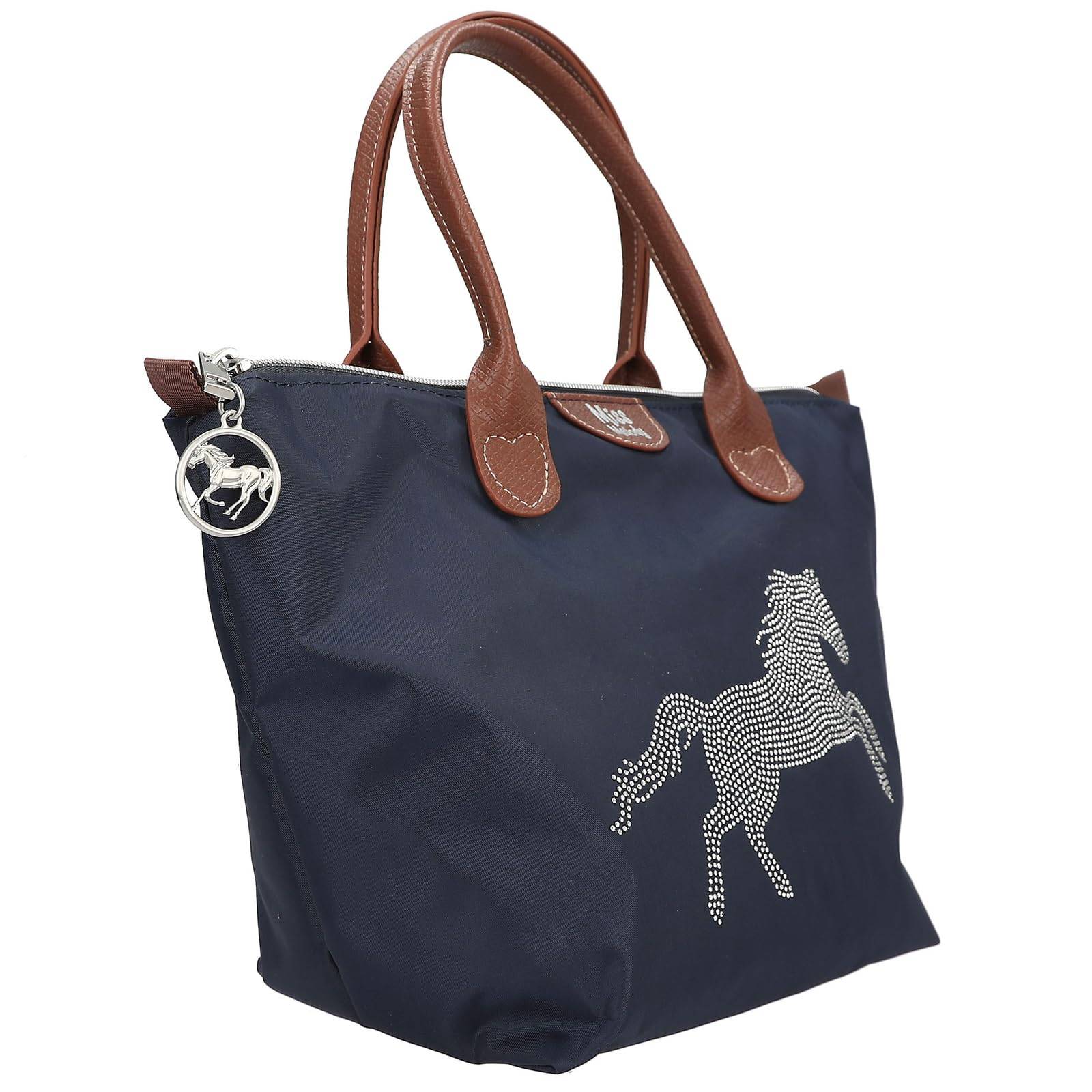 Depesche 13690 Miss Melody Luxury Horse - Umhängetasche in Dunkelblau und Braun, mit Pferde Motiv und kleinen Nieten, Handtasche mit längenverstellb