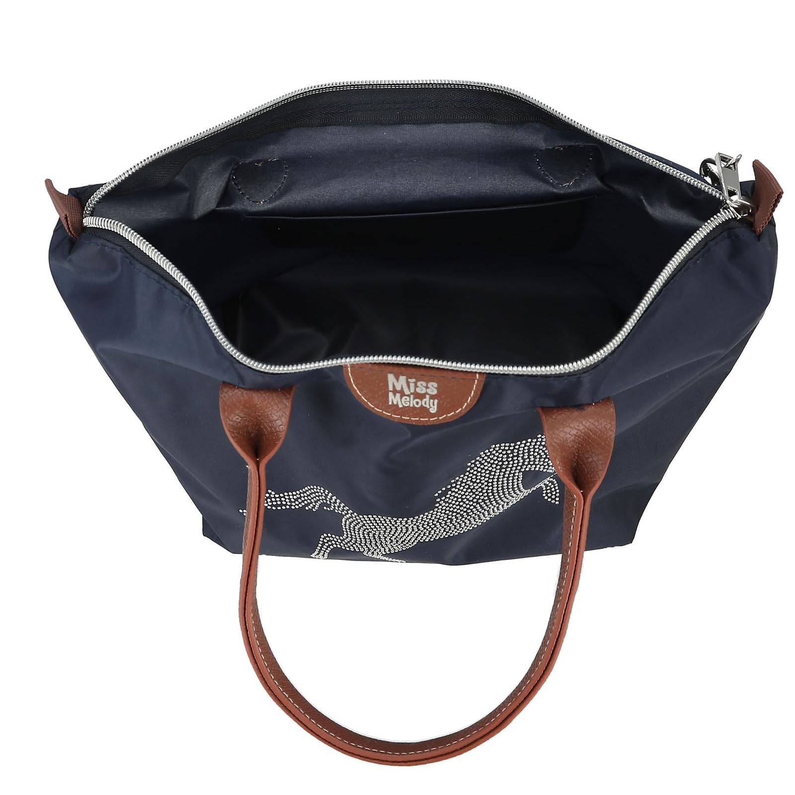 Depesche 13690 Miss Melody Luxury Horse - Umhängetasche in Dunkelblau und Braun, mit Pferde Motiv und kleinen Nieten, Handtasche mit längenverstellb