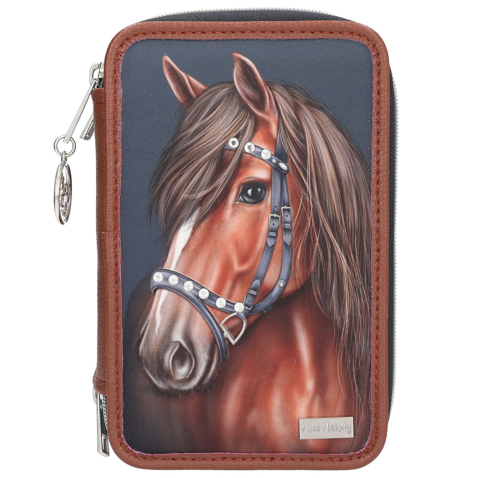 Depesche 13688 Miss Melody Luxury Horse - Gefüllte 3-Fach Federtasche in Dunkelblau und Braun, mit Pferde Motiv und Glitzersteinen, Federmappe mit