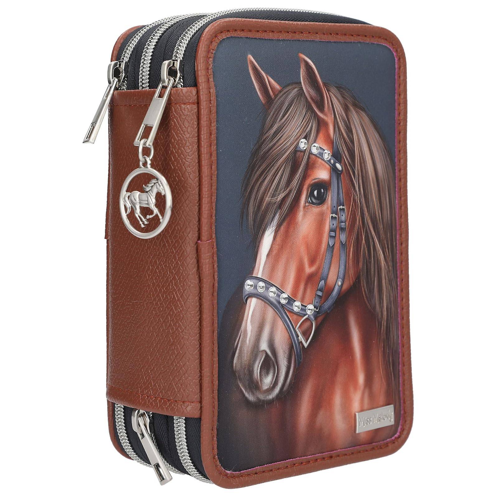 Depesche 13688 Miss Melody Luxury Horse - Gefüllte 3-Fach Federtasche in Dunkelblau und Braun, mit Pferde Motiv und Glitzersteinen, Federmappe mit