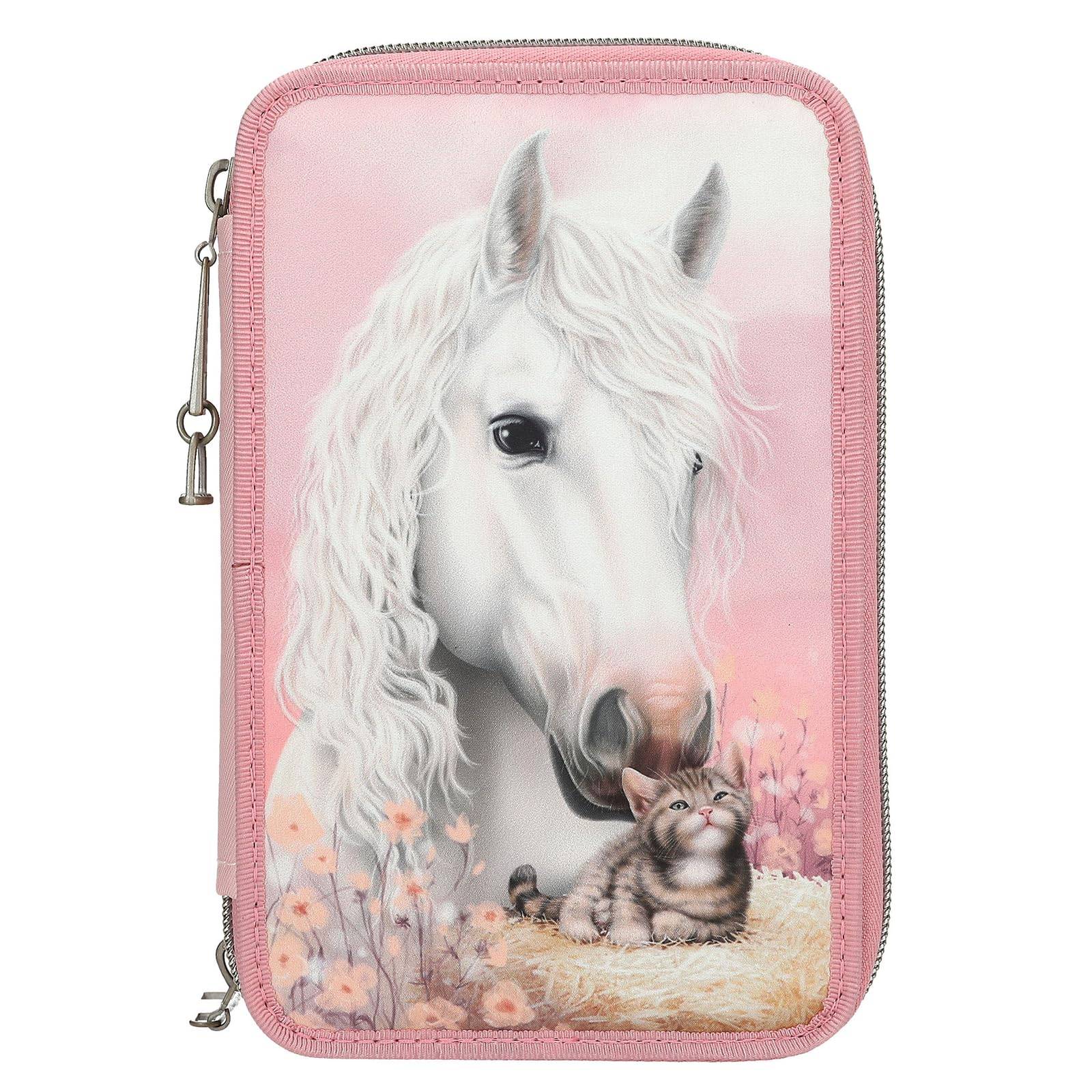 Depesche 13687 Miss Melody True Friends - Gefüllte 3-Fach Federtasche in Rosa, mit Pferde Motiv und Katze, Federmappe mit Buntstiften, Schere