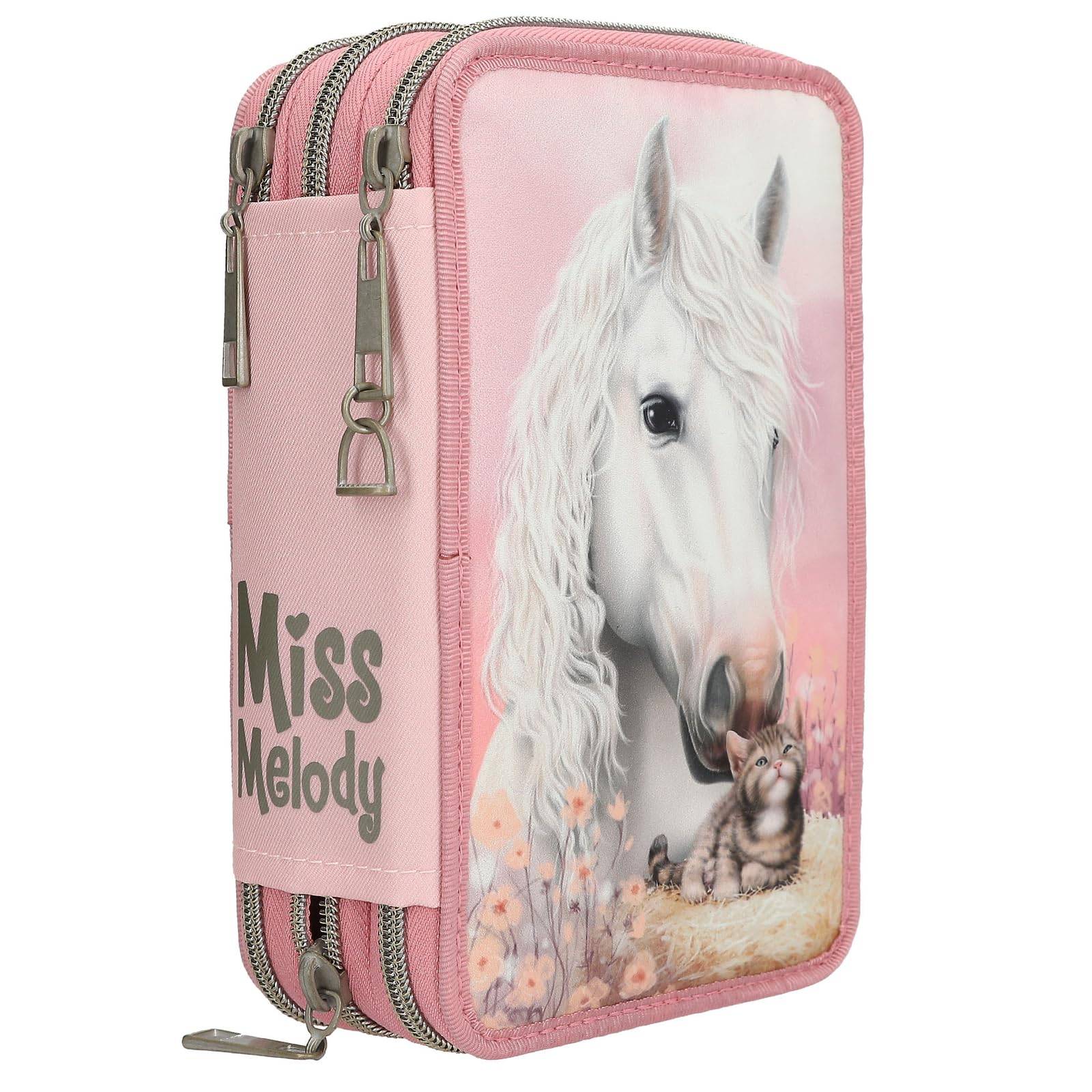 Depesche 13687 Miss Melody True Friends - Gefüllte 3-Fach Federtasche in Rosa, mit Pferde Motiv und Katze, Federmappe mit Buntstiften, Schere