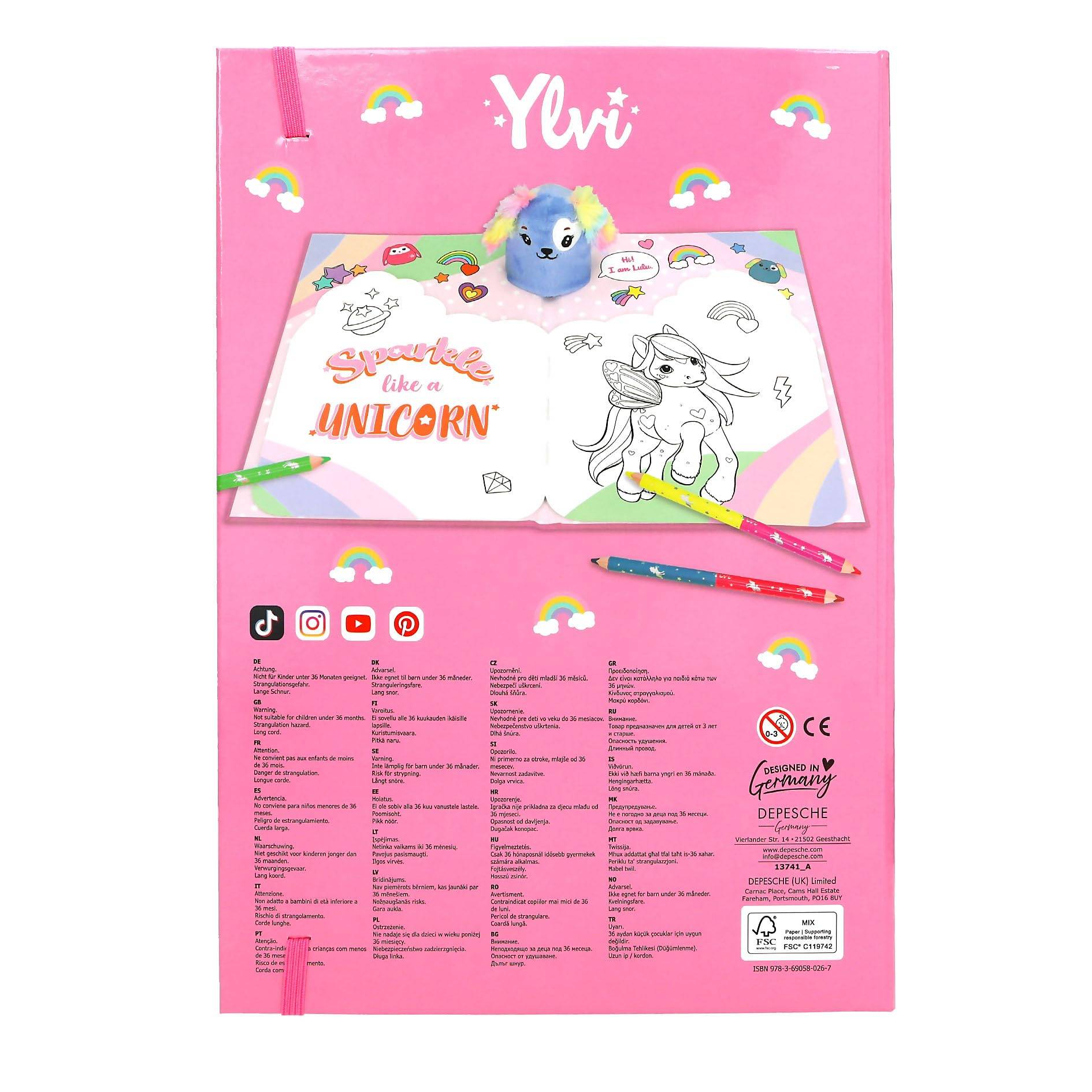 Depesche 13741 Ylvi Unicorn Fun - Malbuch mit 24 figürlich gestanzten Seiten zum Gestalten von Einhorn Motiven, inkl. 3 Stickerbogen