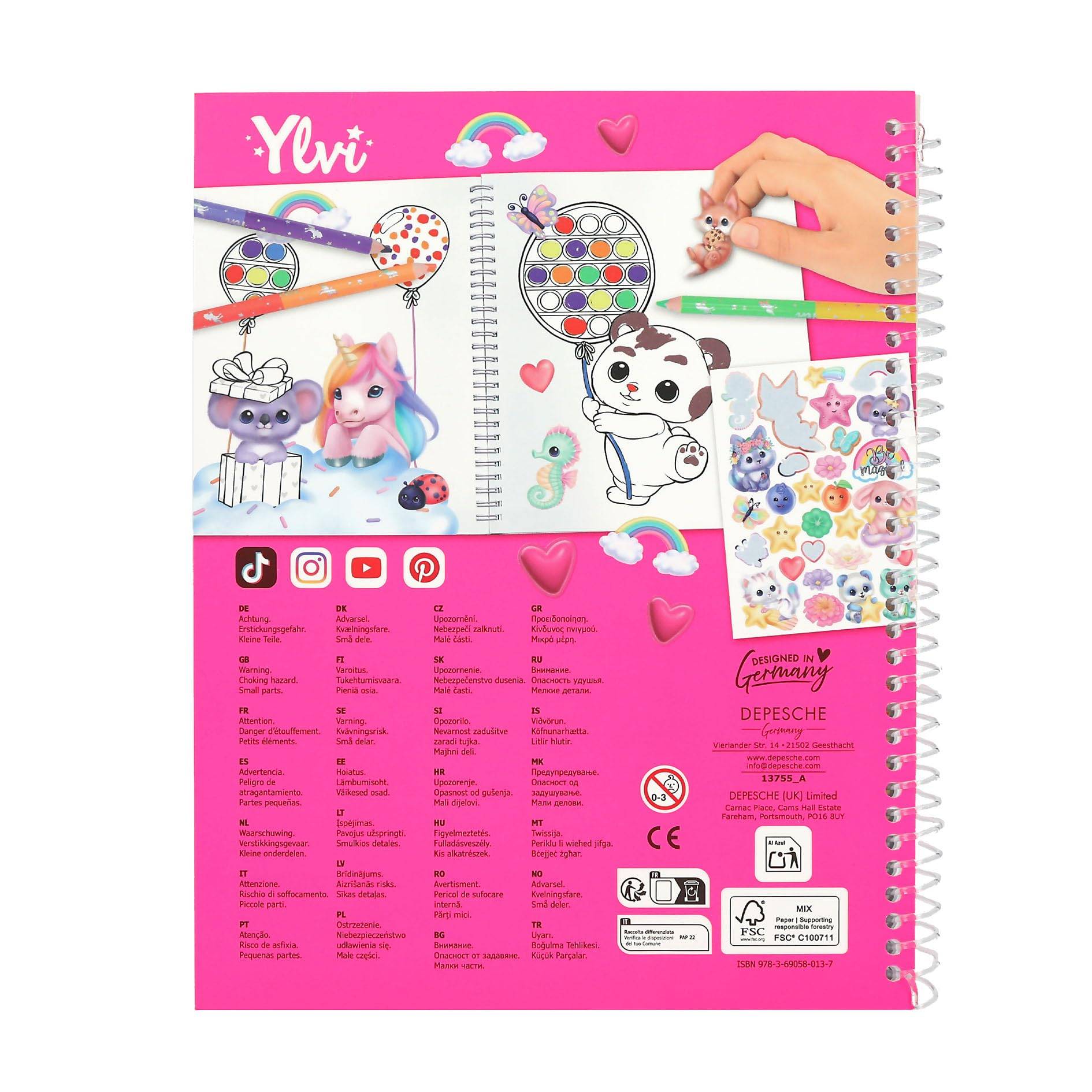 Depesche 13755 Ylvi Pop & Paint - Malbuch mit Buntem Einhorn Plopper-Spielzeug und 36 Ausmalbildern zum Gestalten und Verzieren
