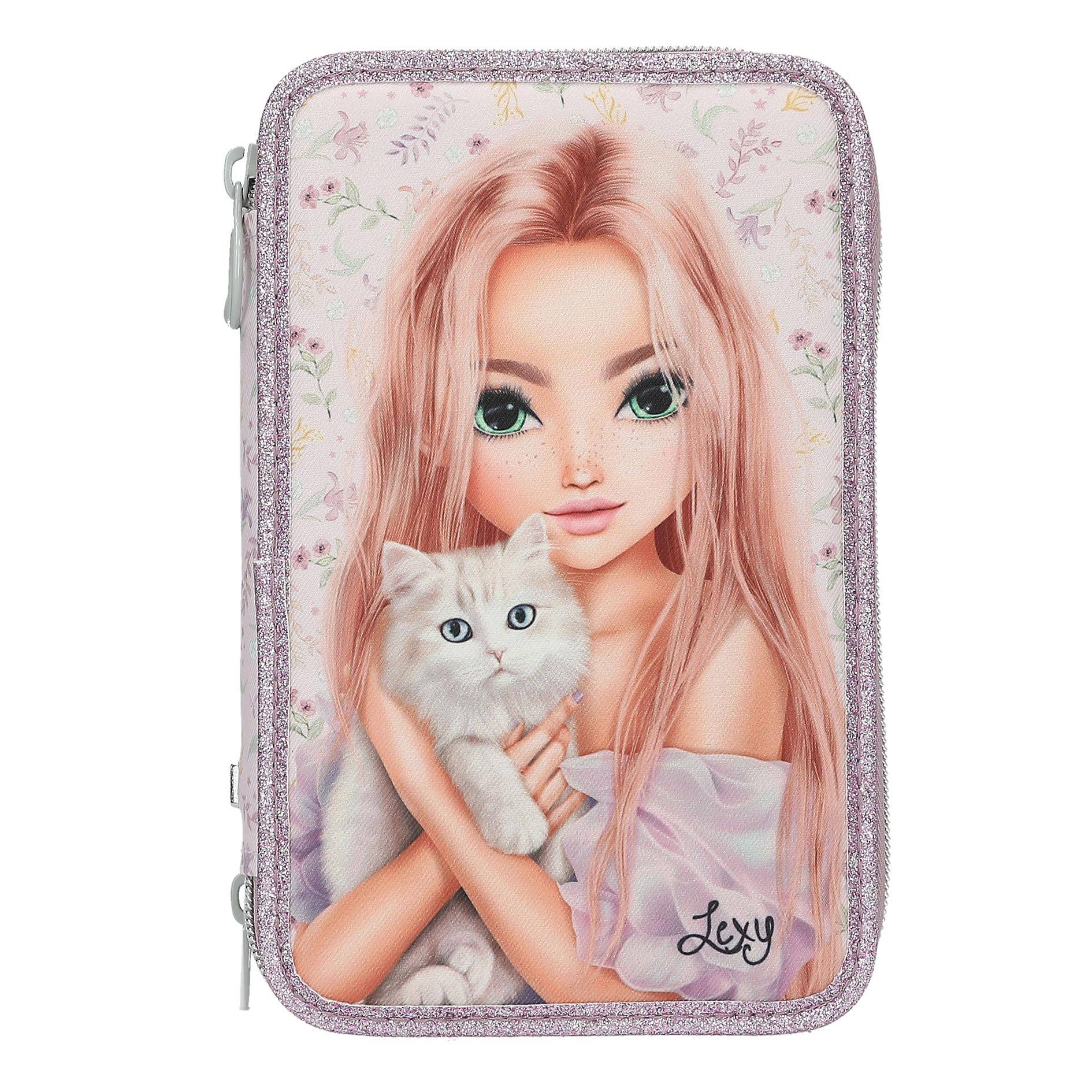 Depesche 13958 TOPModel Blooming Kitty - Gefüllte 3-Fach Federtasche in Rosa, mit Model Motiv, Blumen Muster und Katze, Federmappe mit Buntstiften