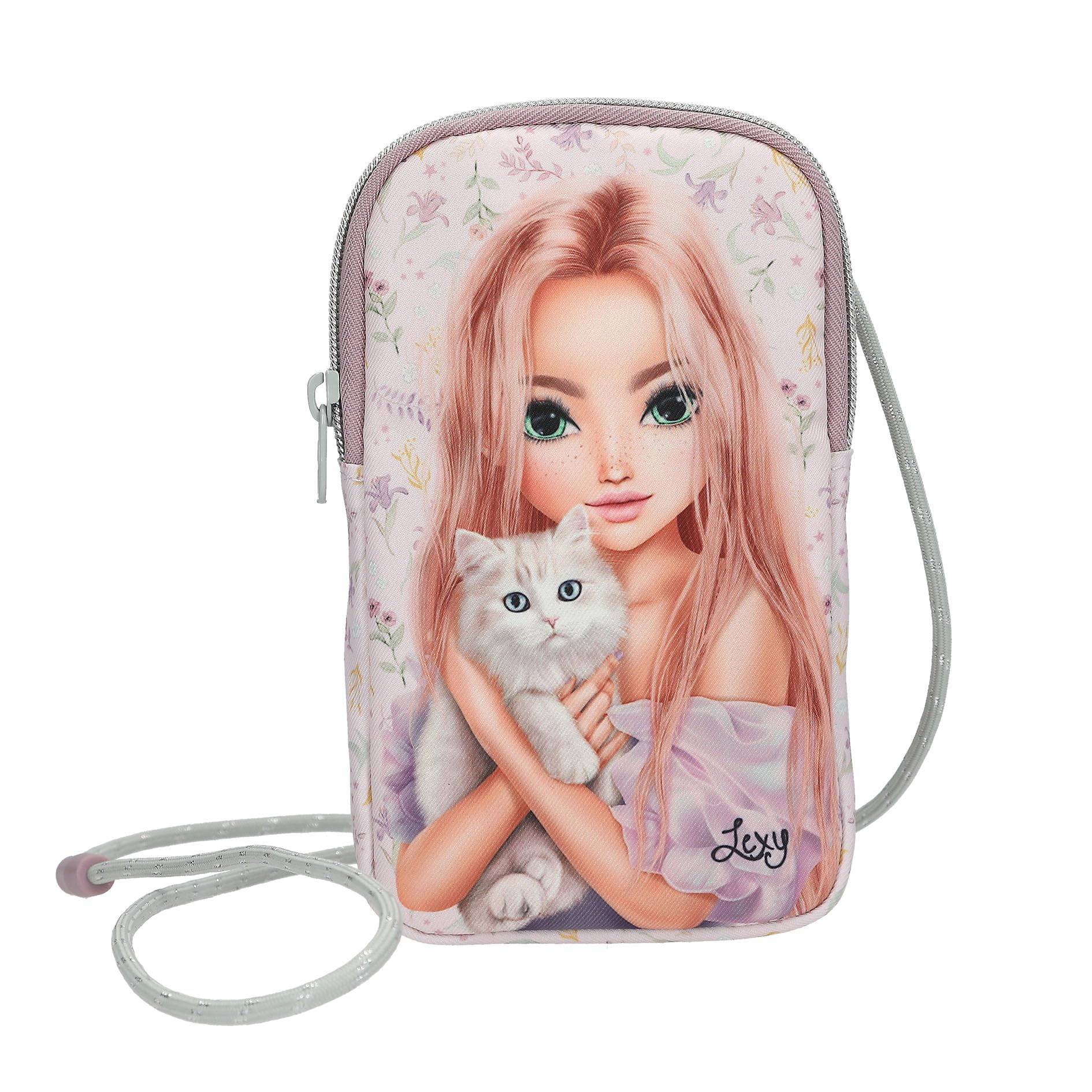 Depesche 13963 TOPModel Blooming Kitty - Handytasche in Lila, mit Model Motiv, Blumen Muster und Katze, Tragetasche mit Umhängeschlaufe für das Smar