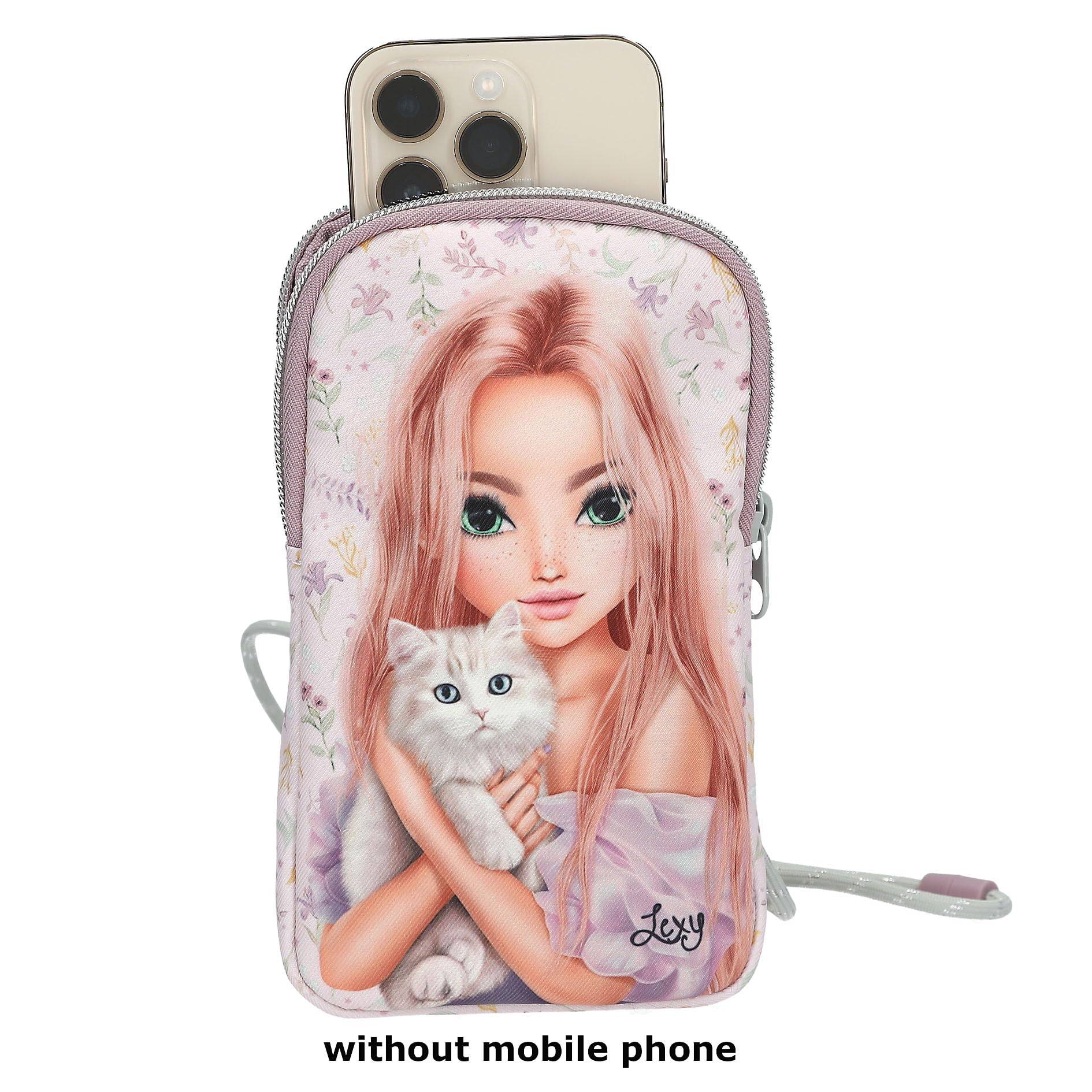 Depesche 13963 TOPModel Blooming Kitty - Handytasche in Lila, mit Model Motiv, Blumen Muster und Katze, Tragetasche mit Umhängeschlaufe für das Smar