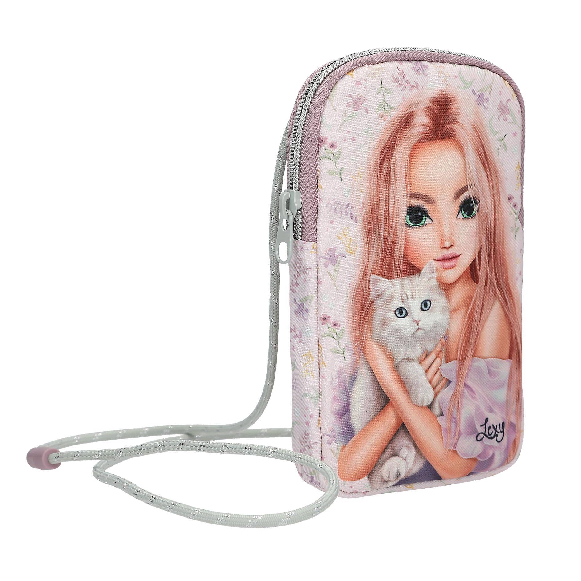 Depesche 13963 TOPModel Blooming Kitty - Handytasche in Lila, mit Model Motiv, Blumen Muster und Katze, Tragetasche mit Umhängeschlaufe für das Smar