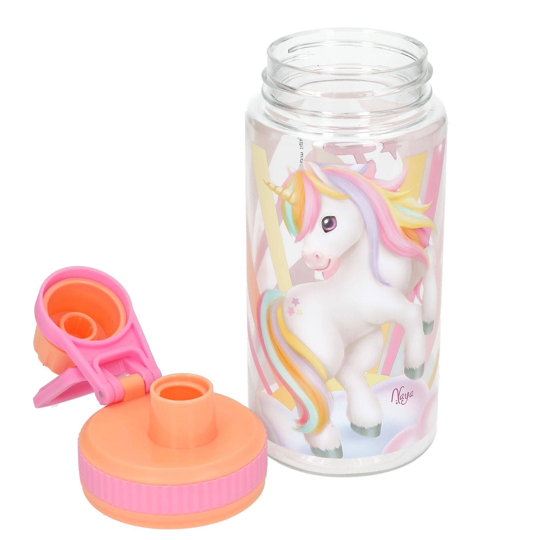 Depesche 14146 Ylvi Sugar Pop - Transparente Trinkflasche in Bonbon Farben, mit Einhorn Aufdruck, Trinkverschluss und Griff, Fassungsvermögen ca