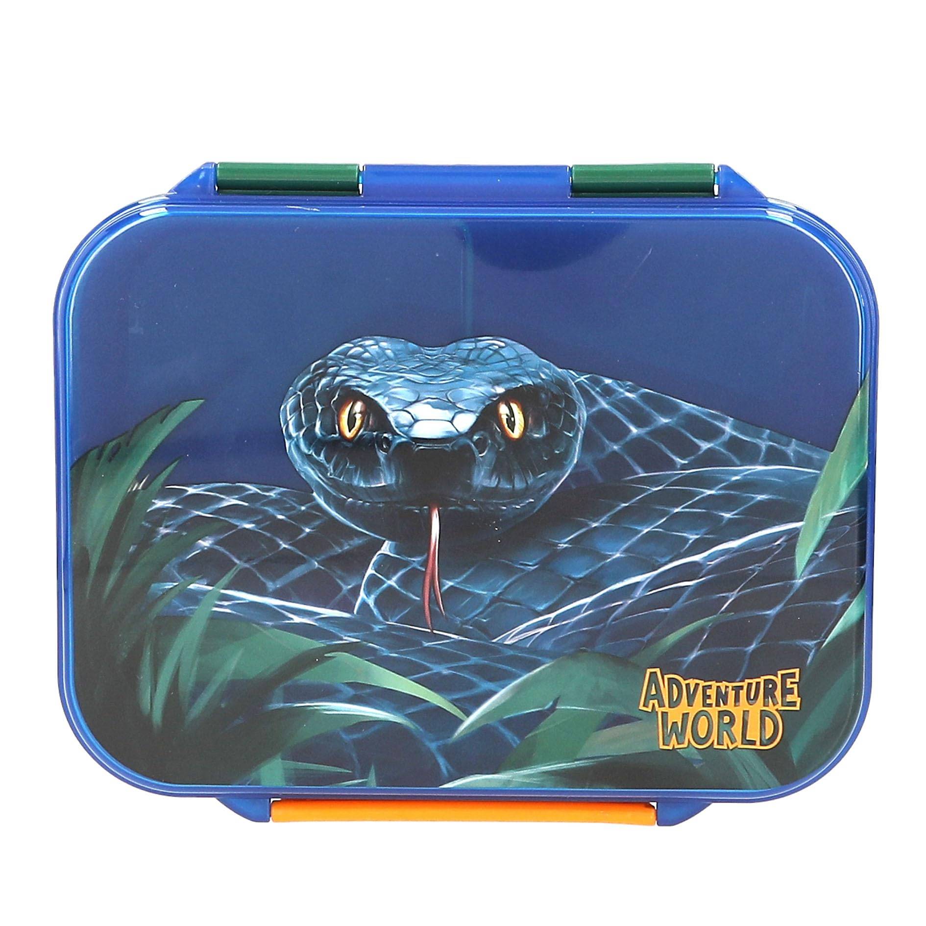 Depesche 13988 Adventure World - Brotdose in Dunkelblau und Grün, mit Schlangen Motiv, Lunchbox mit 3 Fächern und Klappdeckel