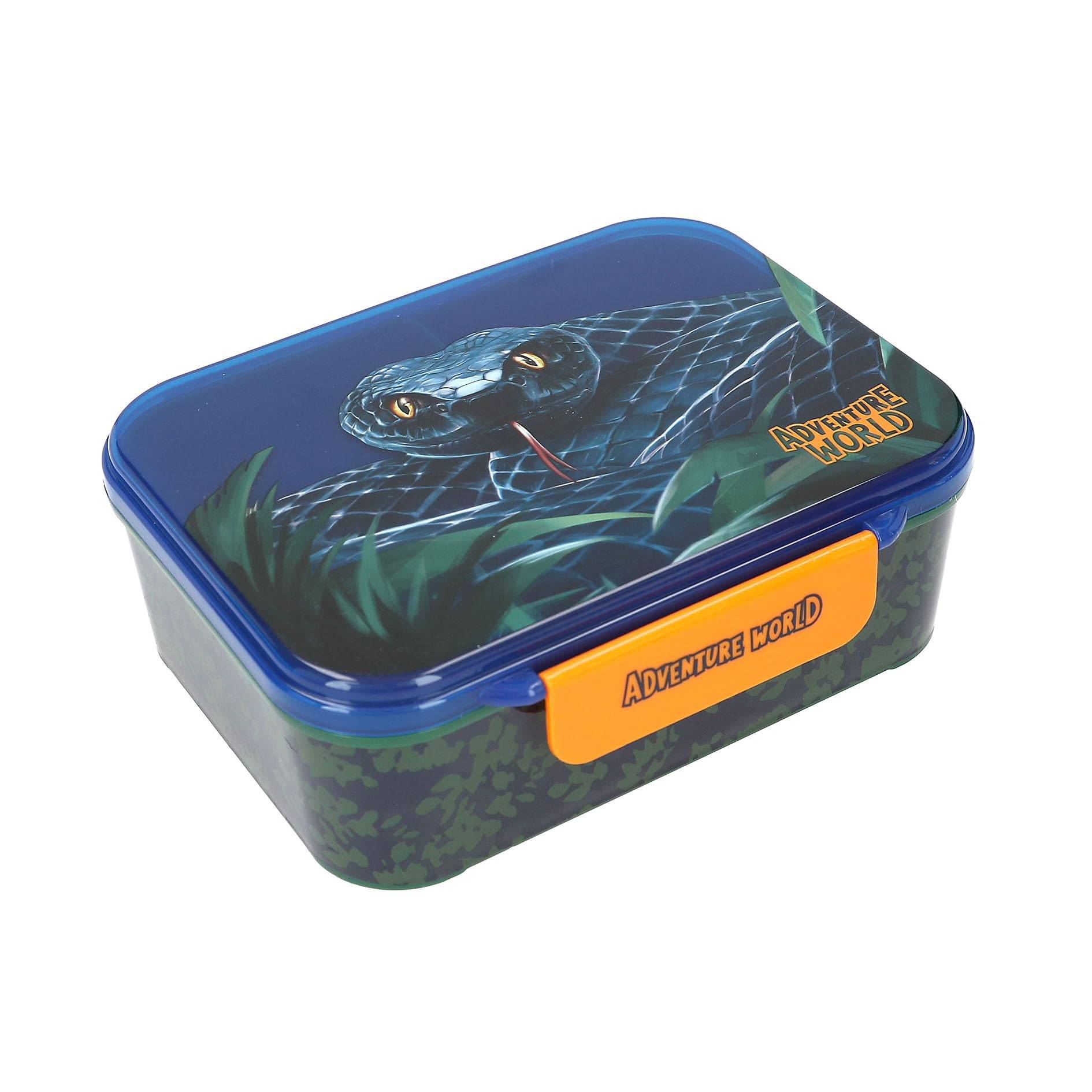 Depesche 13988 Adventure World - Brotdose in Dunkelblau und Grün, mit Schlangen Motiv, Lunchbox mit 3 Fächern und Klappdeckel