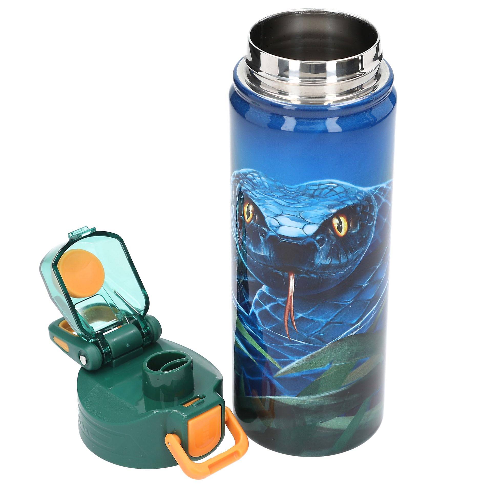 Depesche 13990 Adventure World - Edelstahl Trinkflasche in Blau-Grün, mit Schlangen Motiv, Trinkverschluss und Griff, Fassungsvermögen ca. 600 ml