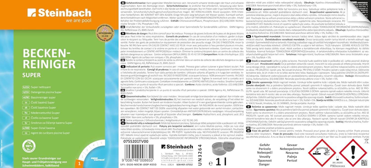 STEINBACH Poolpflege Beckenreiniger Super - 0755201TV04-4l - Gegen Starke Kalkablagerungen & Rost - Für Frühjahrsreinigung - Saure Formel - Für Inn