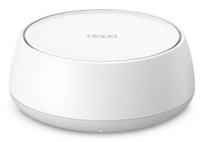 Weißer Deco Wi-Fi Router mit abgerundeter Kuppelform und einem kleinen Statuslicht an der Vorderseite.