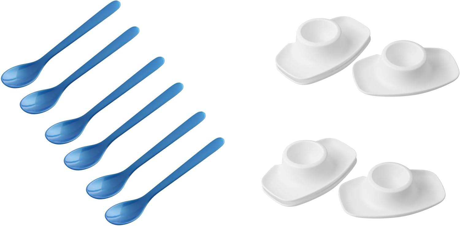 FACKELMANN | 12-tlg. Frühstücks-Set | Eierlöffel Blau mit Eierbecher Weiß | hochwertiger Kunststoff | ideal für den Frühstückstisch