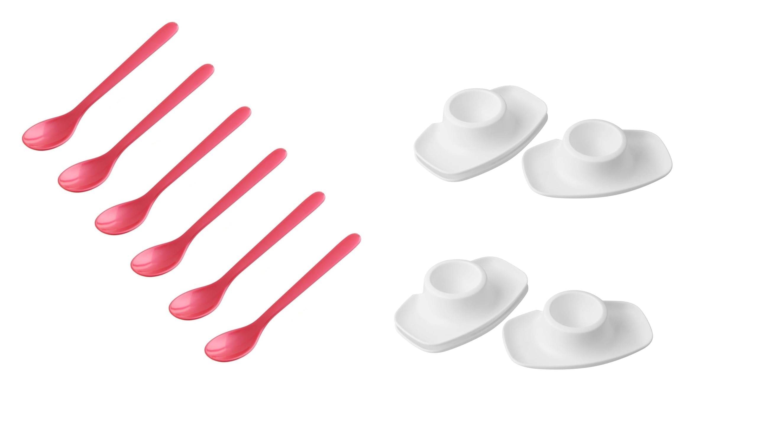 FACKELMANN | 12-tlg. Frühstücks-Set | Eierlöffel Rot mit Eierbecher Weiß | hochwertiger Kunststoff | ideal für den Frühstückstisch