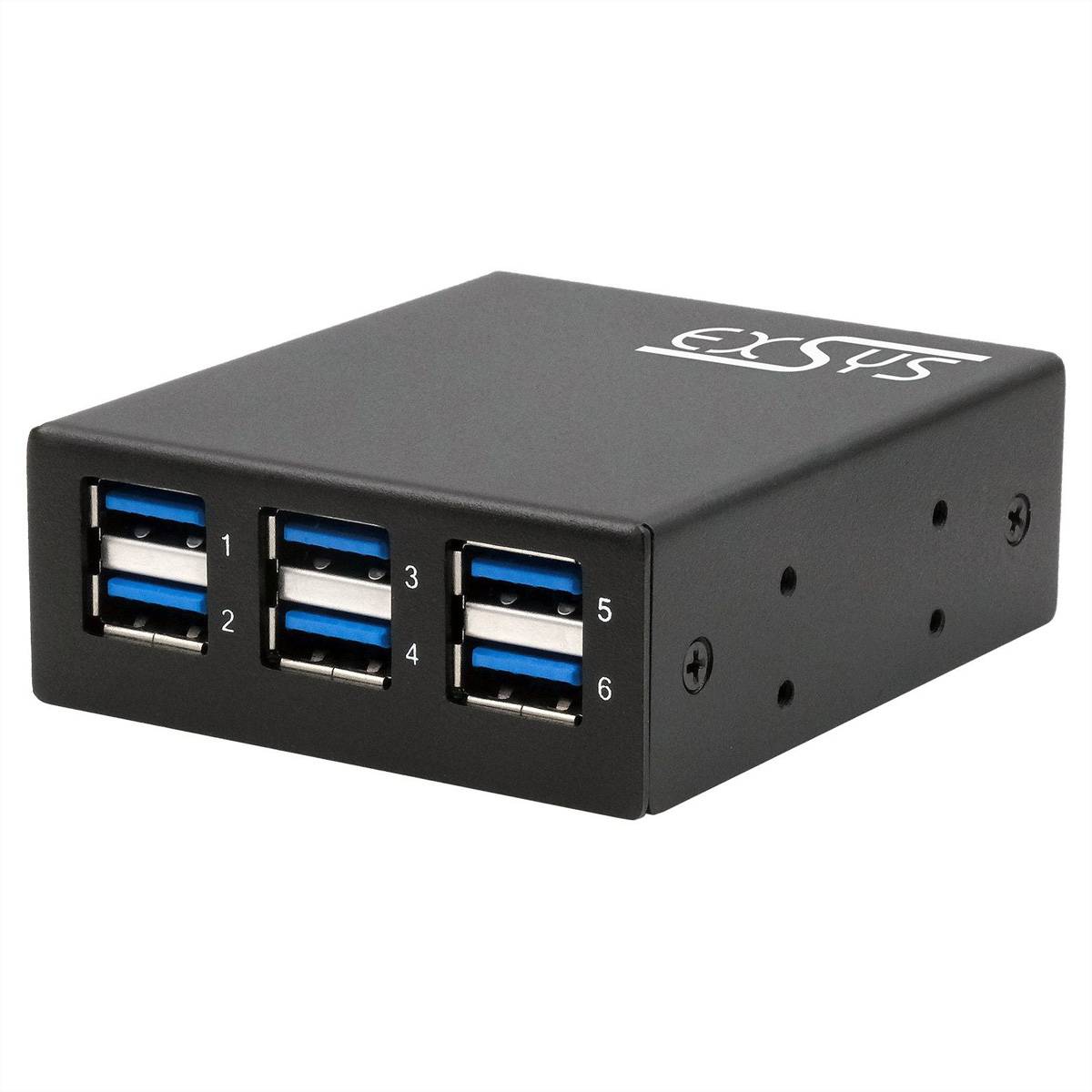 Schwarzer USB-Hub mit sechs Anschlüssen beschriftet mit 1-6, dargestellt in einem kompakten rechteckigen Gehäuse.
