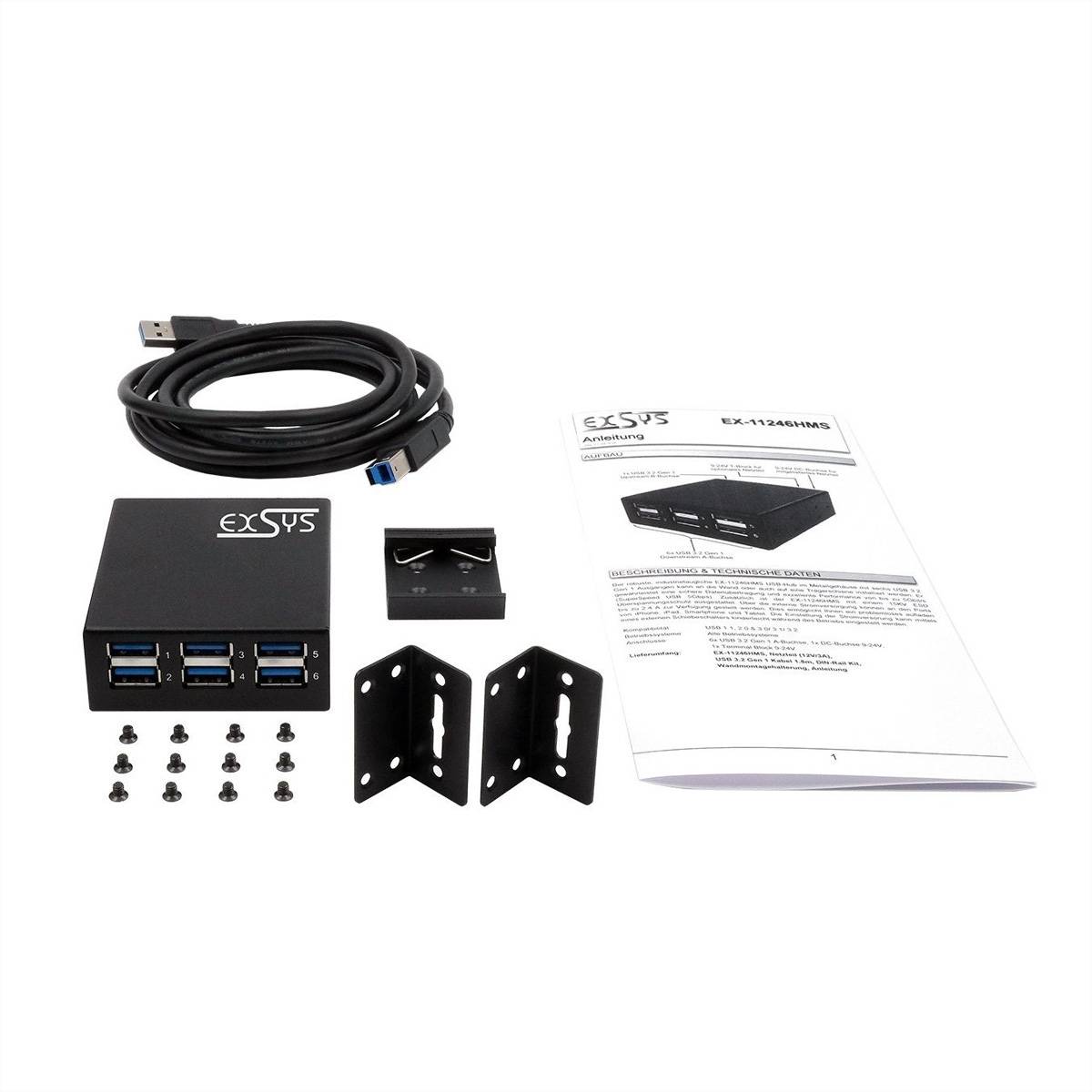 USB 3.0 Hub-Set mit Kabel, Montageklammern, Schrauben und Bedienungsanleitung auf weißem Hintergrund.