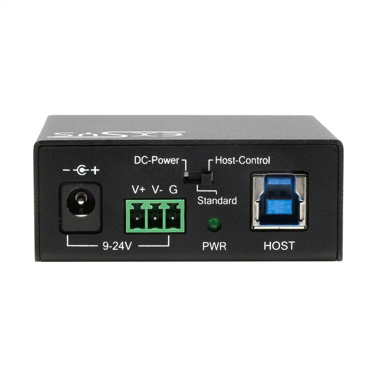 Vorderansicht eines kleinen schwarzen Geräts mit einer 9-24V-Gleichspannungsbuchse, 3-poligem Stromversorgungsanschluss, Host-Steuerungsschalter, Stromversorgungs-LED und blauem USB-B-Anschluss.