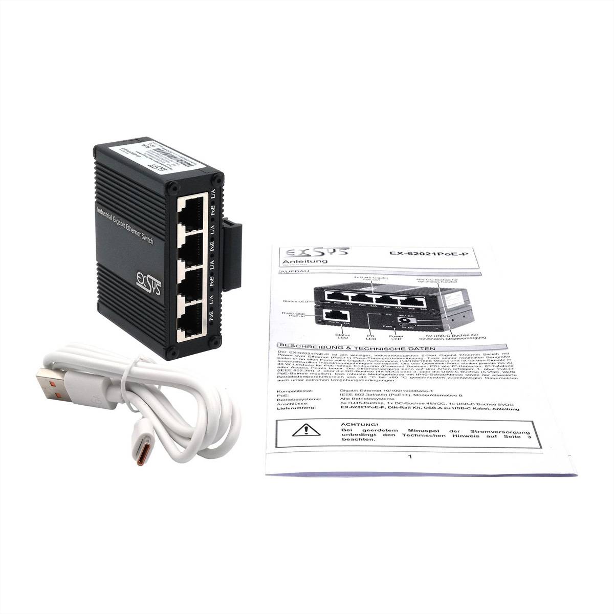 EXSYS EX-62021PoE-P 5-Port Industrial Gigabit Micro Switch mit Pass-Through, unmanaged