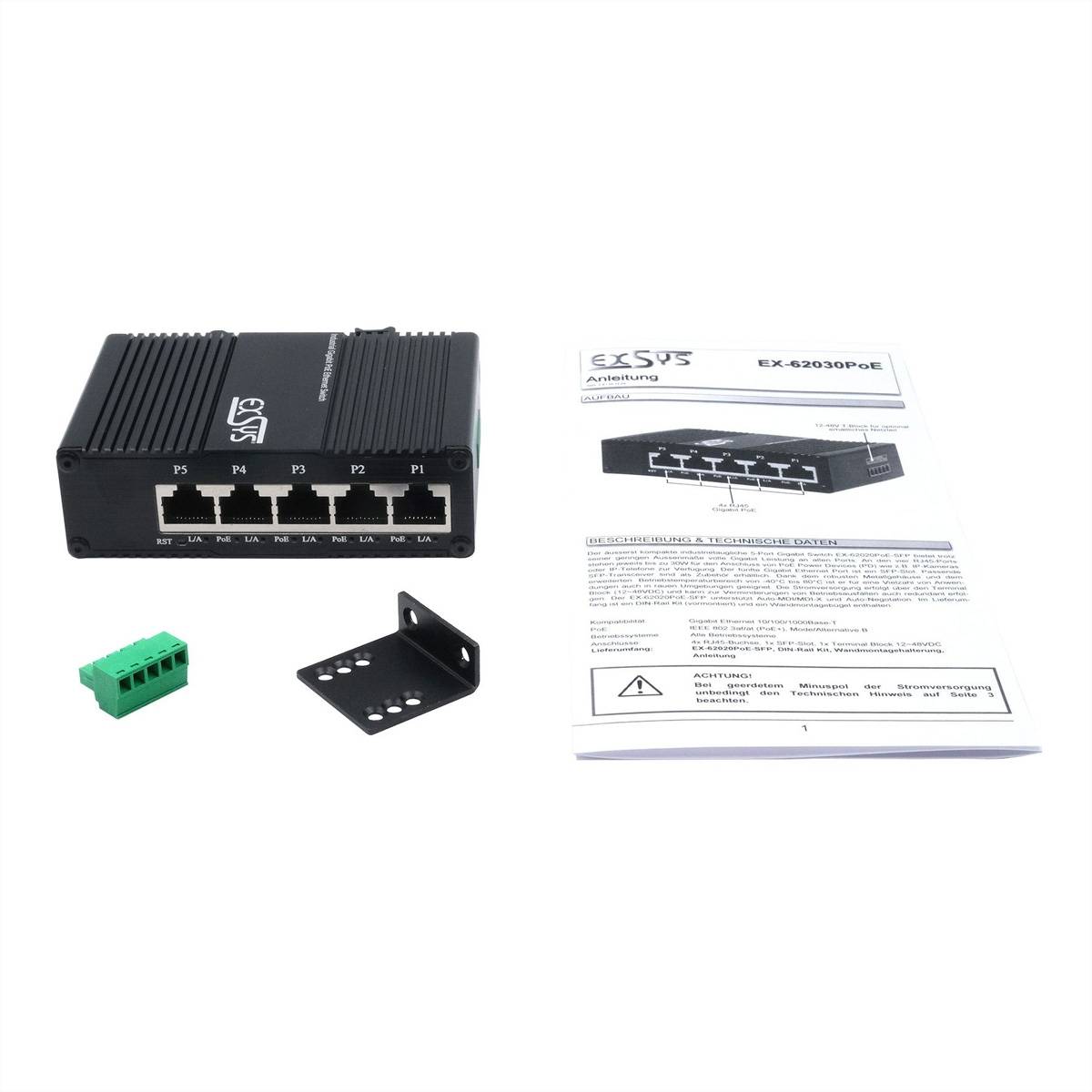 EXSYS EX-62030MPOE Mini 5-Port Industrial Gigabit PoE+ Switch, Web-Managed