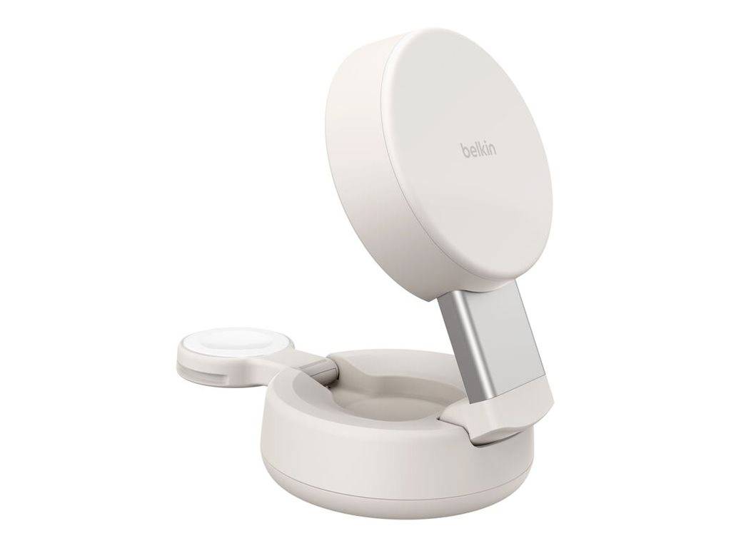 Weißer Belkin magnetischer kabelloses Ladegerät mit erhöhter kreisförmiger Handy-Ladefläche und einem kleinen Ladedock für Ohrhörer auf einem Sockel.
