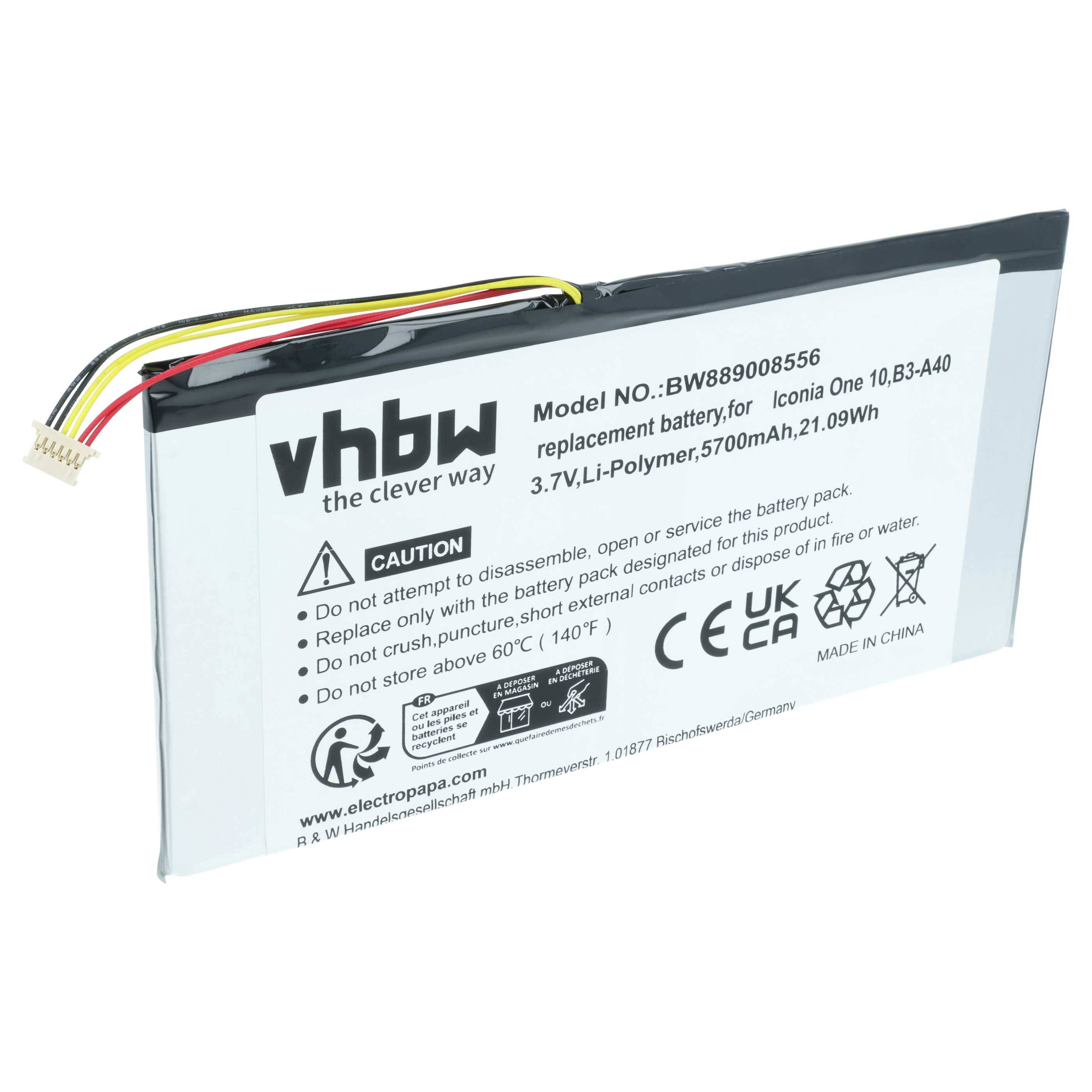 vhbw Akku Ersatz für Acer PR-279594N(1ICP3/95/94-2), PR-279594N für Tablet Pad (5700 mAh, 3,7 V, Li-Polymer) mit 6-Pin-Anschluss
