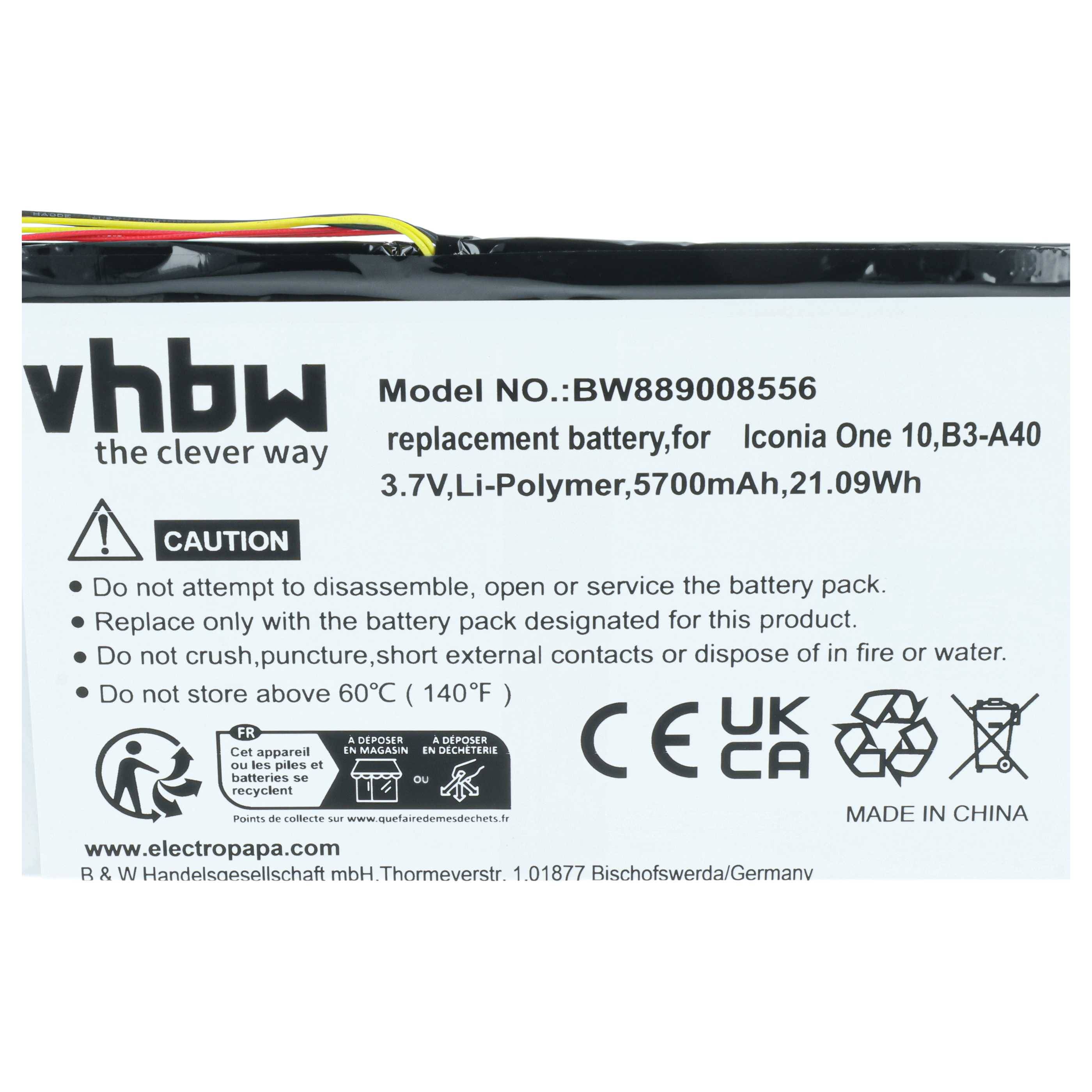 vhbw Akku kompatibel mit Acer Iconia One 10 B3-A40 Tablet Pad (5700 mAh, 3,7 V, Li-Polymer) mit 6-Pin-Anschluss