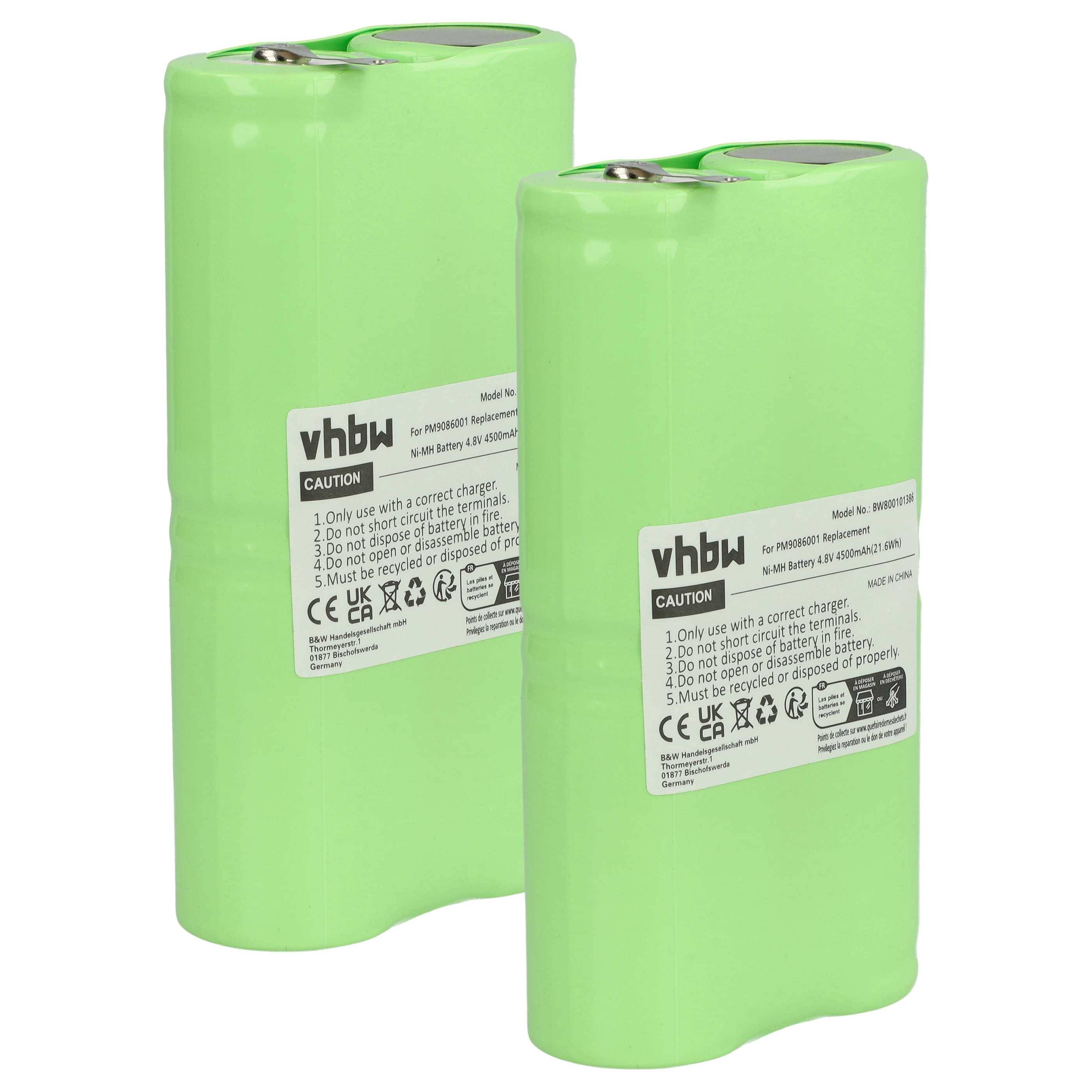Zwei grüne wiederaufladbare Batteriepackungen nebeneinander stehend, jede mit dem Etikett „vhbw