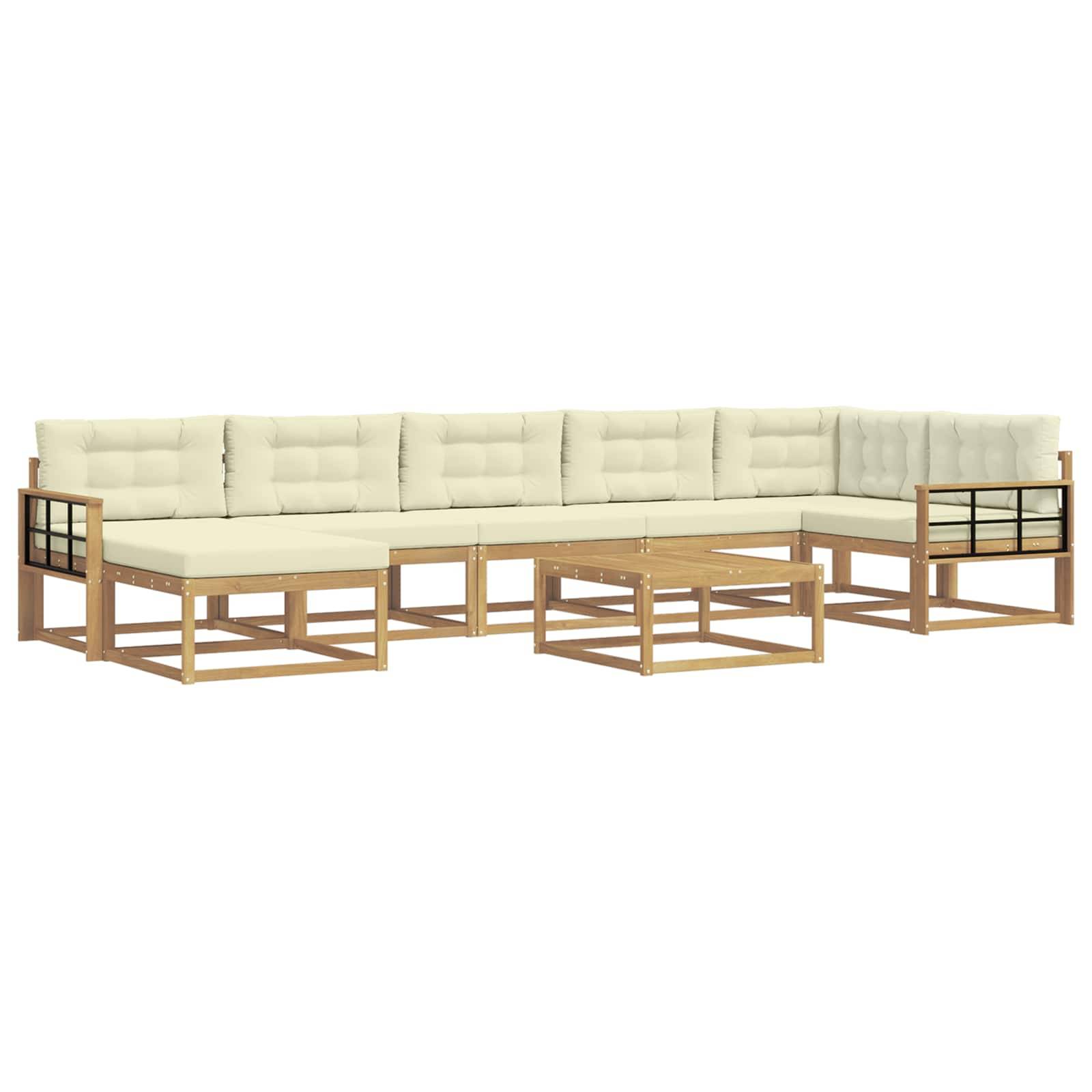 Modulares Gartensofaset mit cremefarbenen Kissen, Holzrahmen, schwarzen Armlehnen und passenden Couchtischen