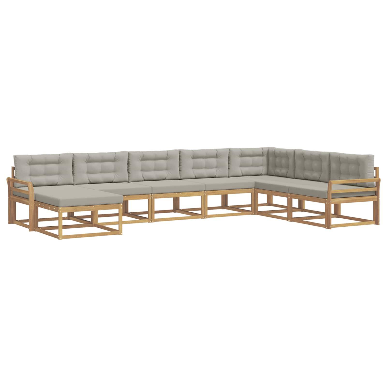 Modernes L-förmiges Außen-Ecksofa mit hellem Holzrahmen und grauen Kissen auf weißem Hintergrund.