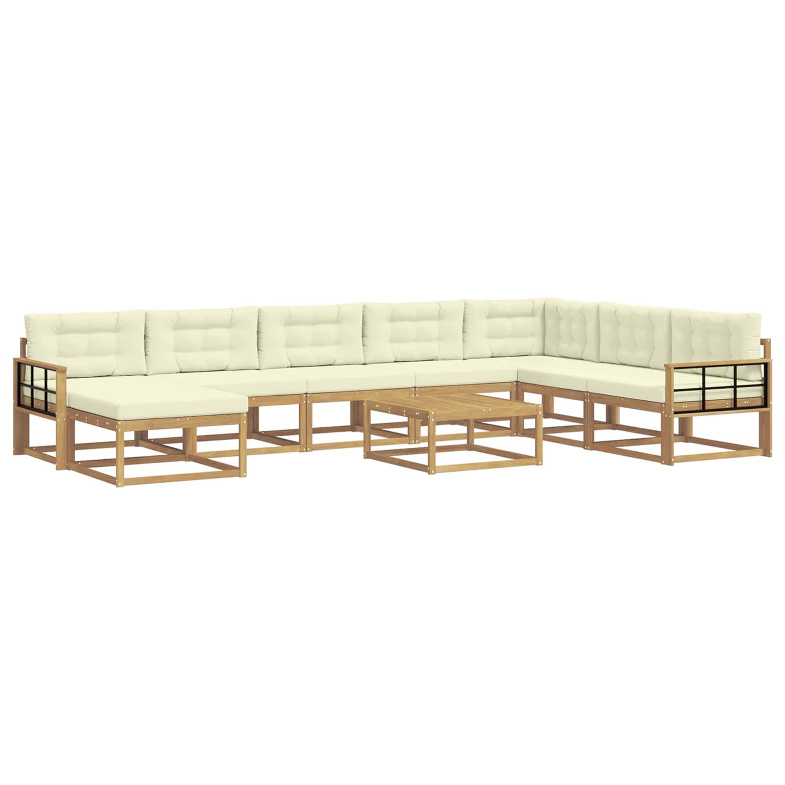 L-förmiges Outdoor-Ecksofa mit hellen Polstern und Holzrahmen, mit zentralem Couchtisch und Armlehnen.