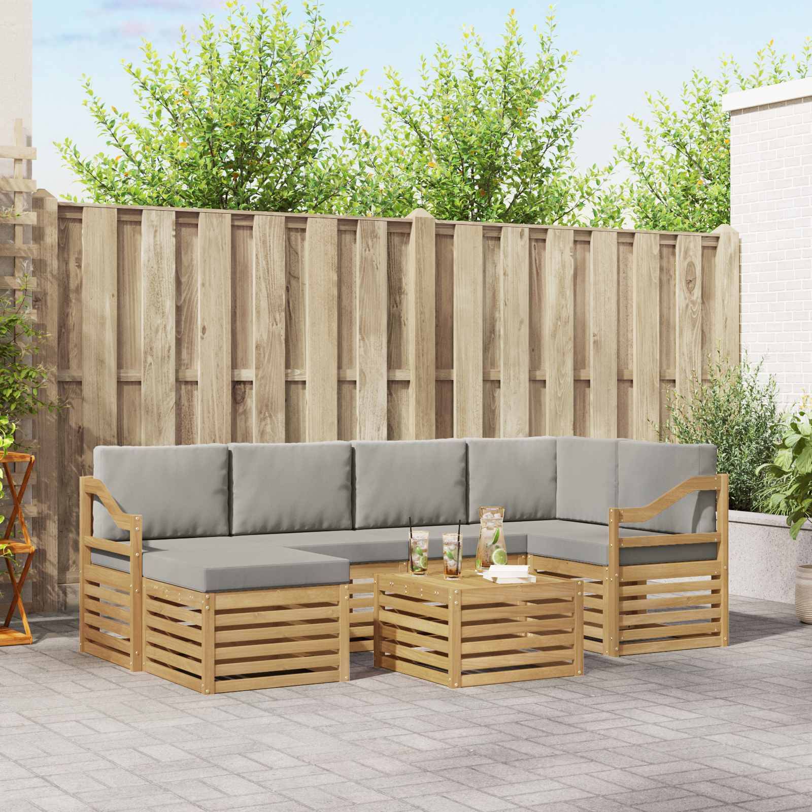 vidaXL Outdoor-Sofagarnitur 7 pcs Weiß und Hellgrau Polyester