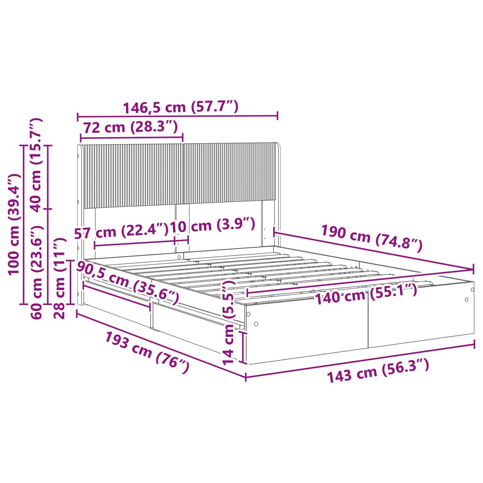 vidaXL Bettgestell mit Stauraum und Kopfteil Weiß 140 x 190 cm