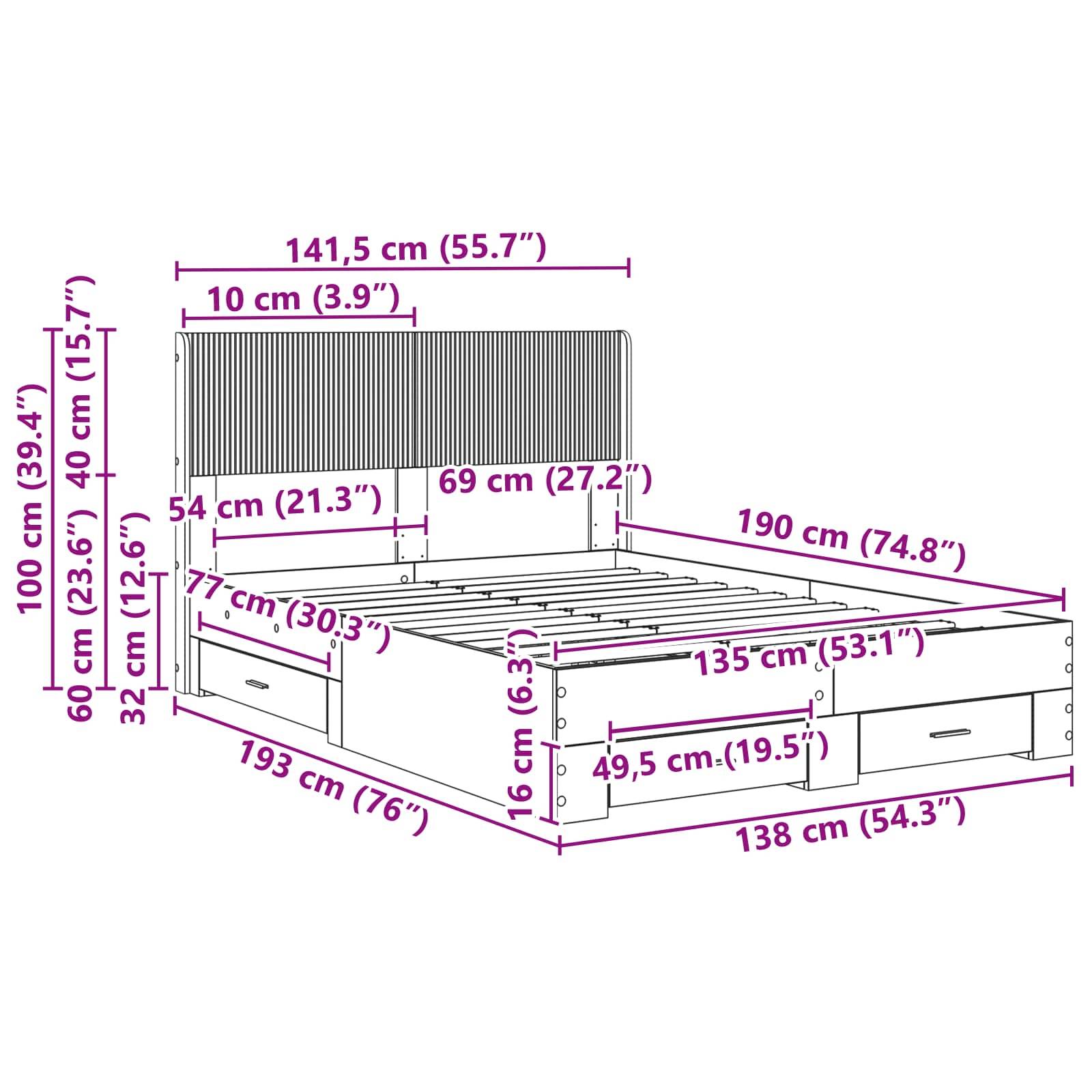 vidaXL Bettgestell mit Stauraum und Kopfteil Schwarz 135 x 190 cm
