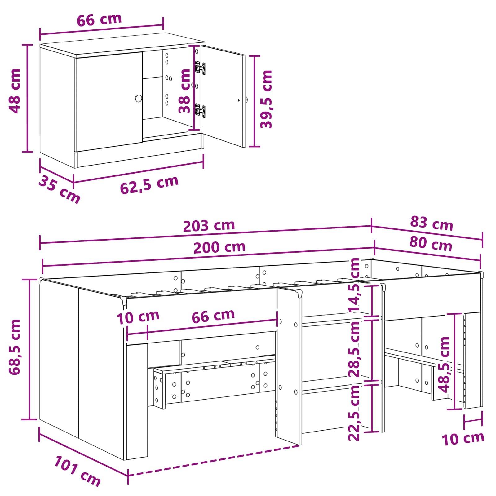 vidaXL Loft Bettgestell mit Schrank mit Tür 3 Stk. Weiß Holzwerkstoff