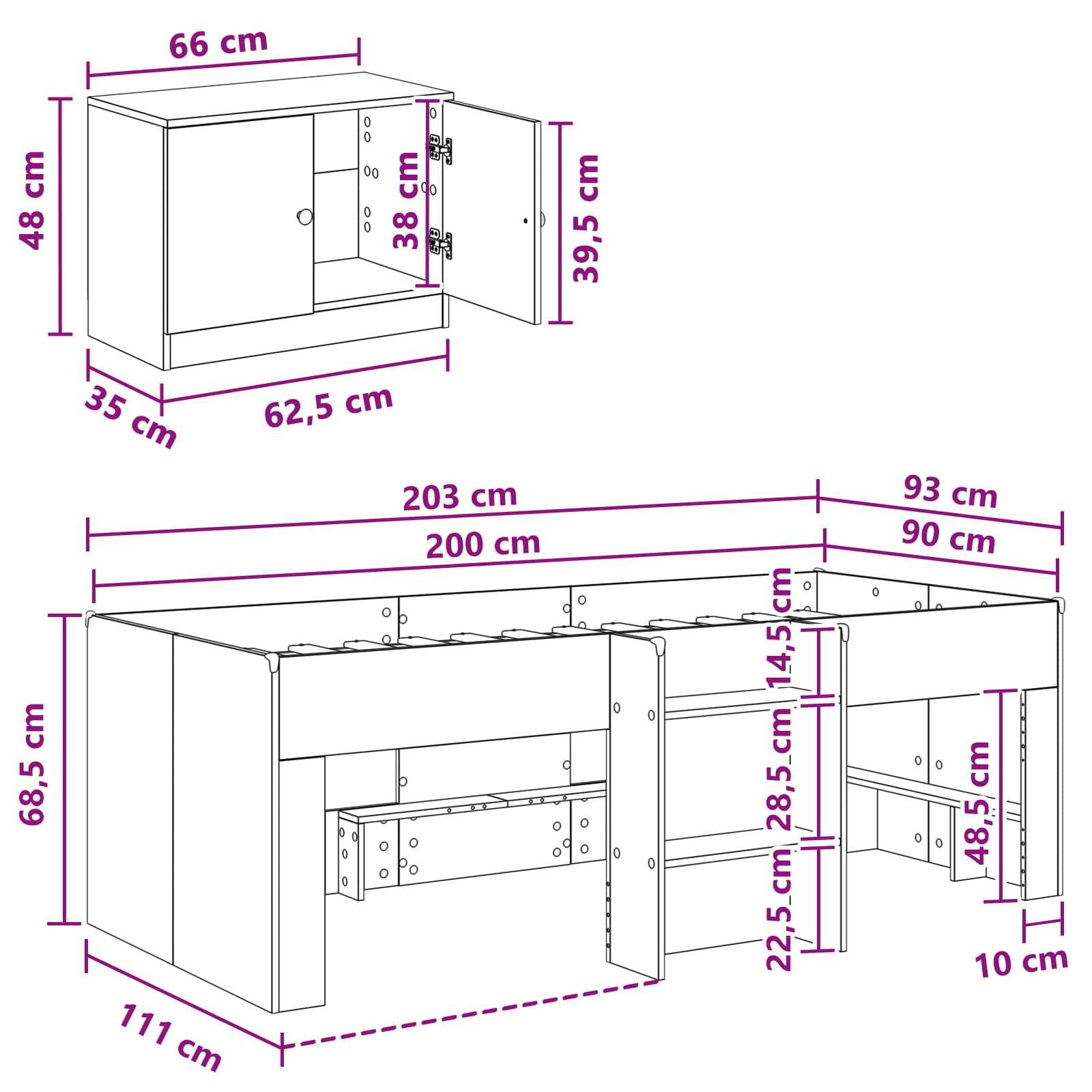 vidaXL Loft Bettgestell mit Schrank 3 Stk. Betongrau Holzwerkstoff