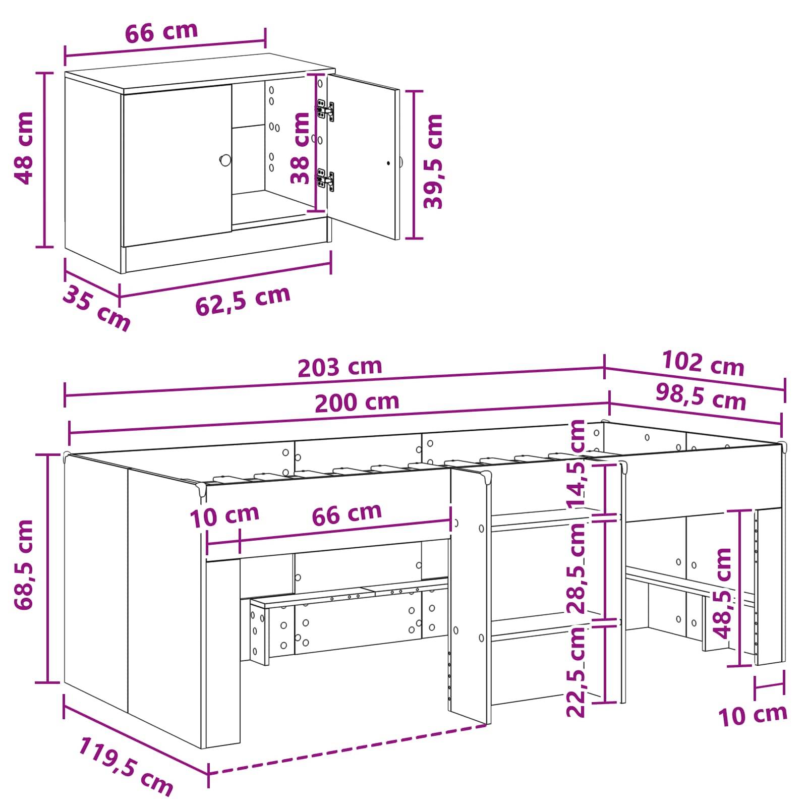 vidaXL Loft Bettgestell mit Schrank mit Tür 3 Stk. Weiß Holzwerkstoff