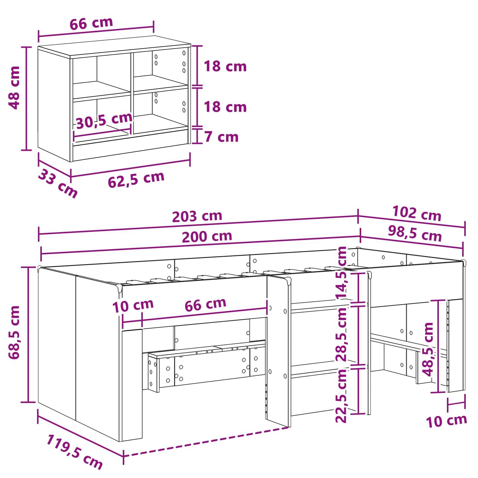 vidaXL Loft Bettgestell mit Schrank 3 Stk. Weiß Holzwerkstoff