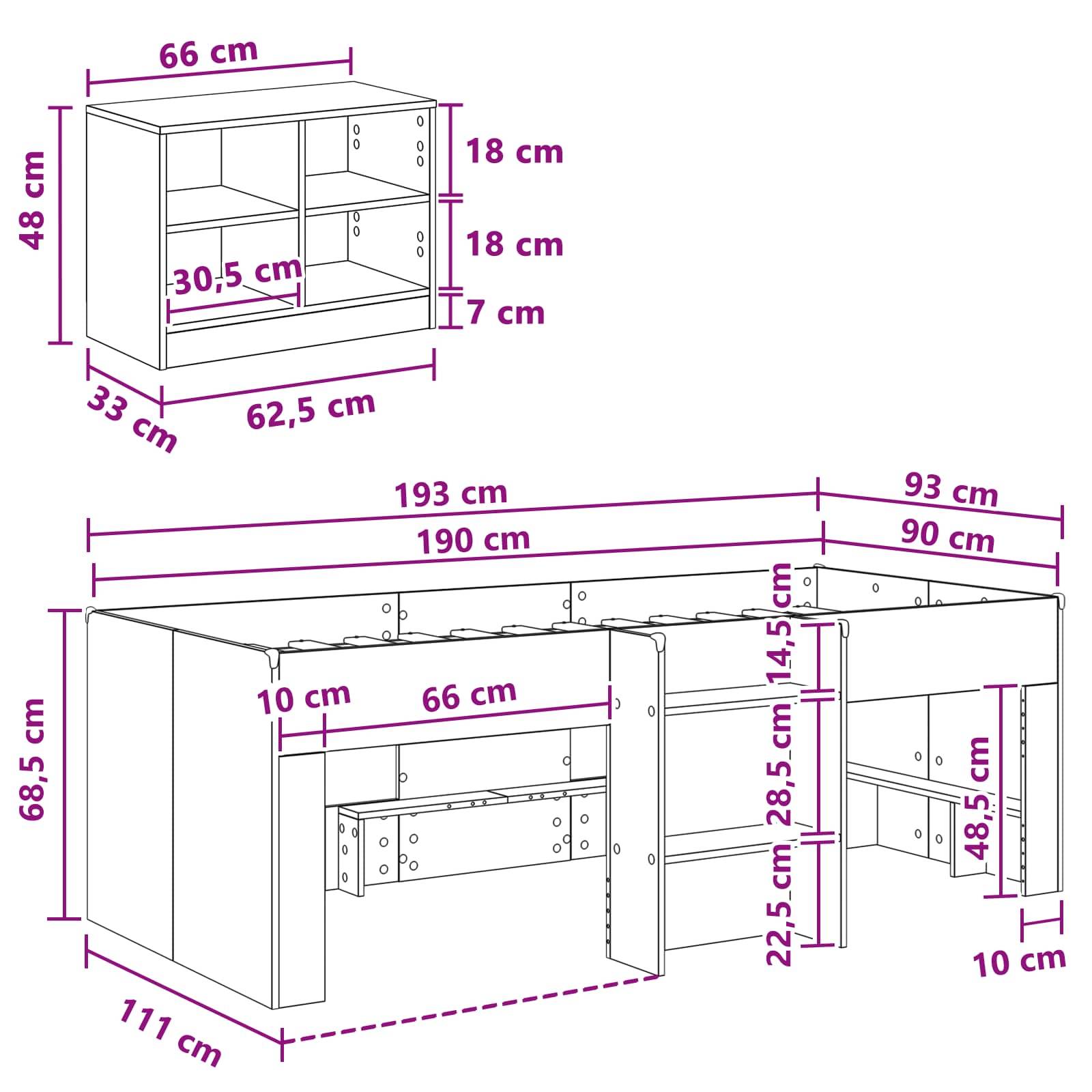 vidaXL Loft Bettgestell mit Schrank 3 Stk. Weiß Holzwerkstoff