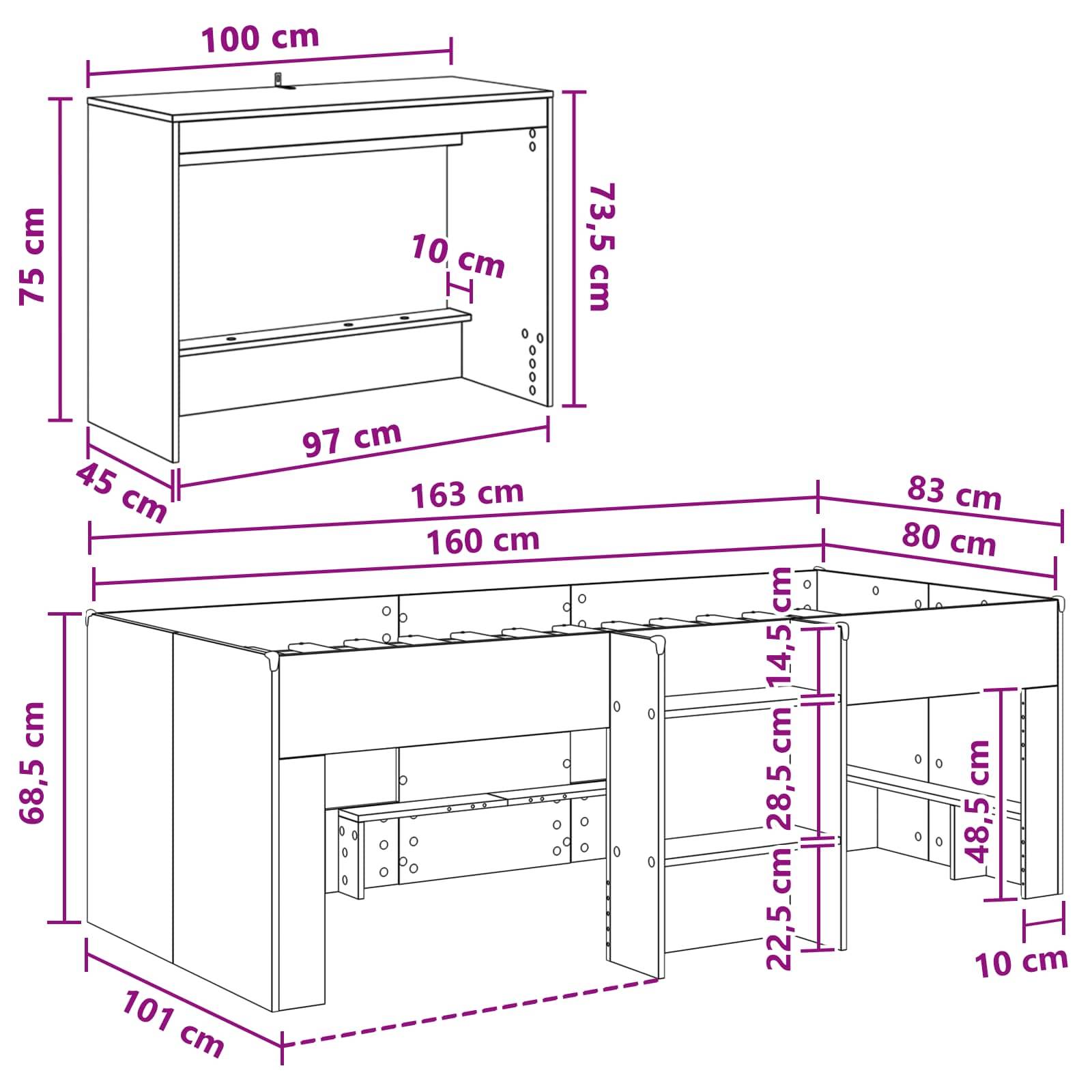 vidaXL Hochbett mit Schreibtisch für Kinder 2 Stk. Geräucherte Eiche