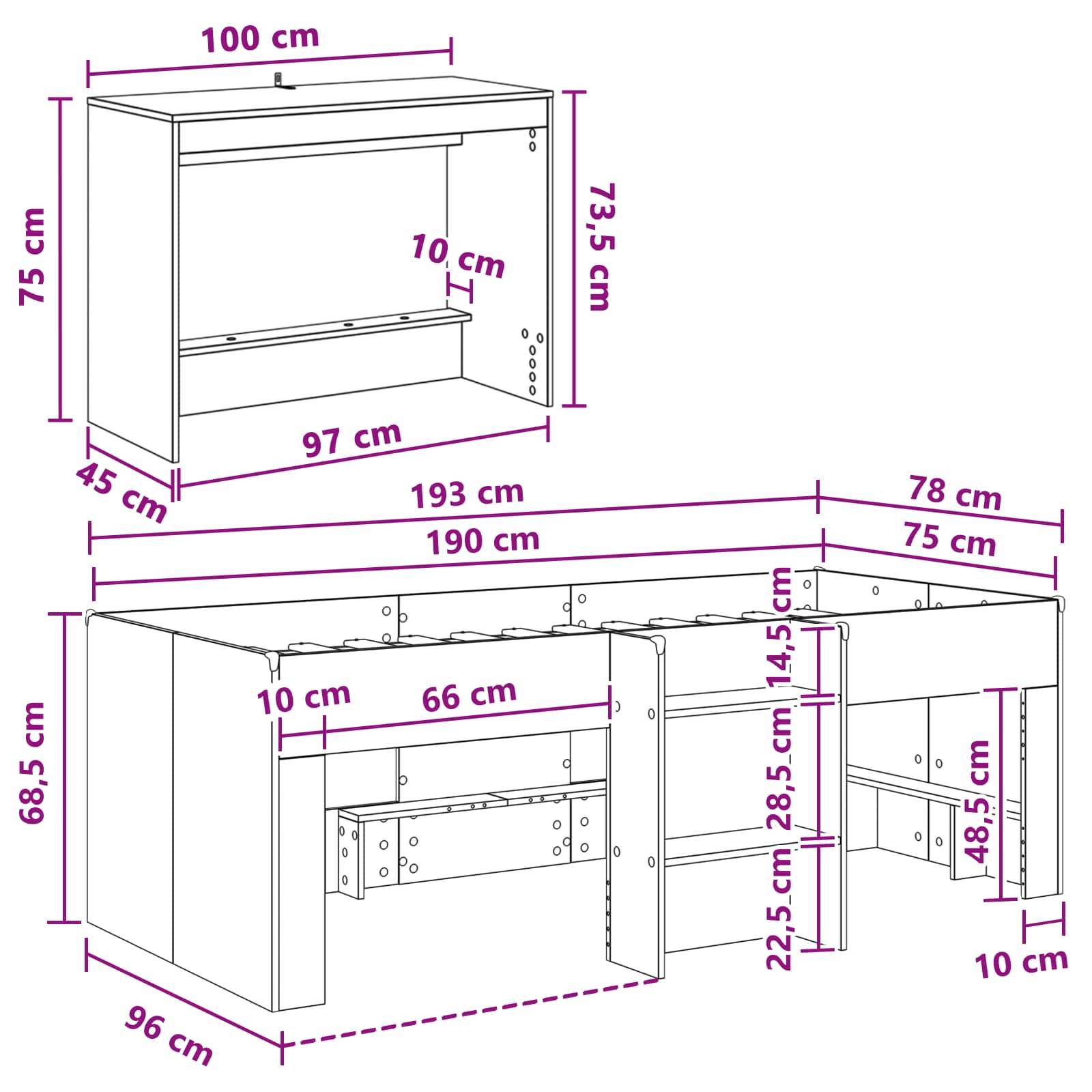 vidaXL Hochbett mit Schreibtisch für Kinder Weiß 75 x 190 cm