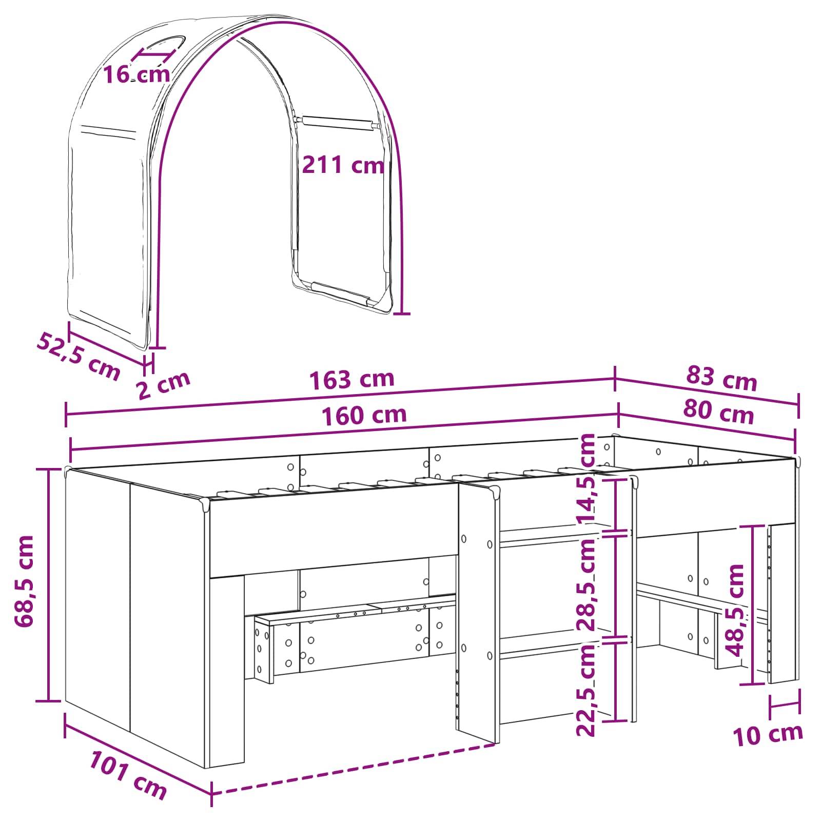 vidaXL Bett mit Tunnel 3 Stk. Sonoma und Pink Holzwerkstoff