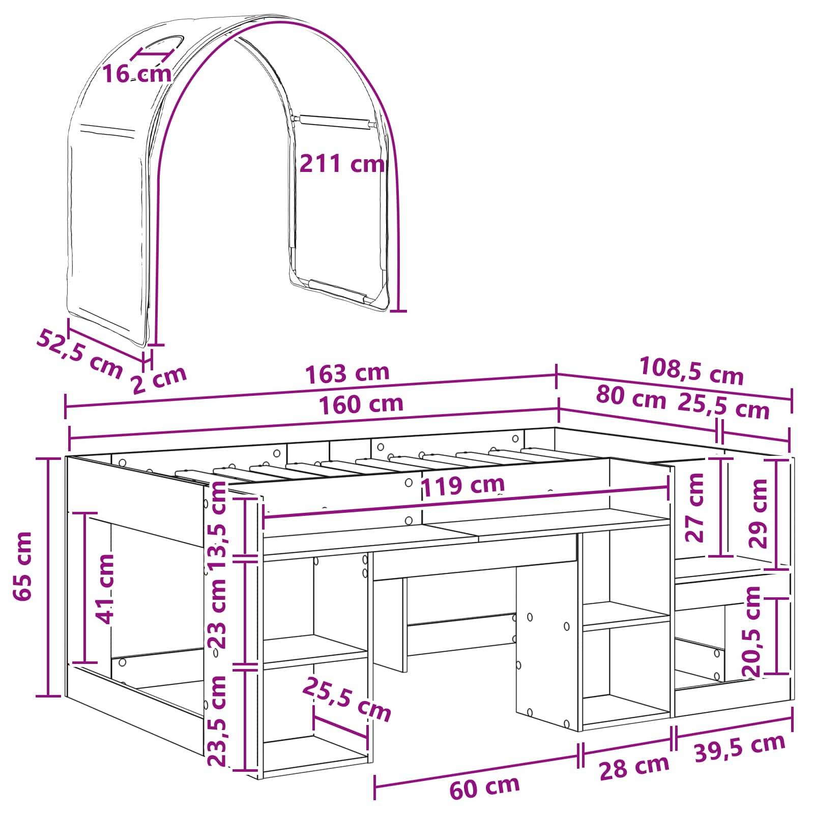 vidaXL Bett mit Tunnel 3 Stk. Sonoma Eiche und Schwarz Holzwerkstoff