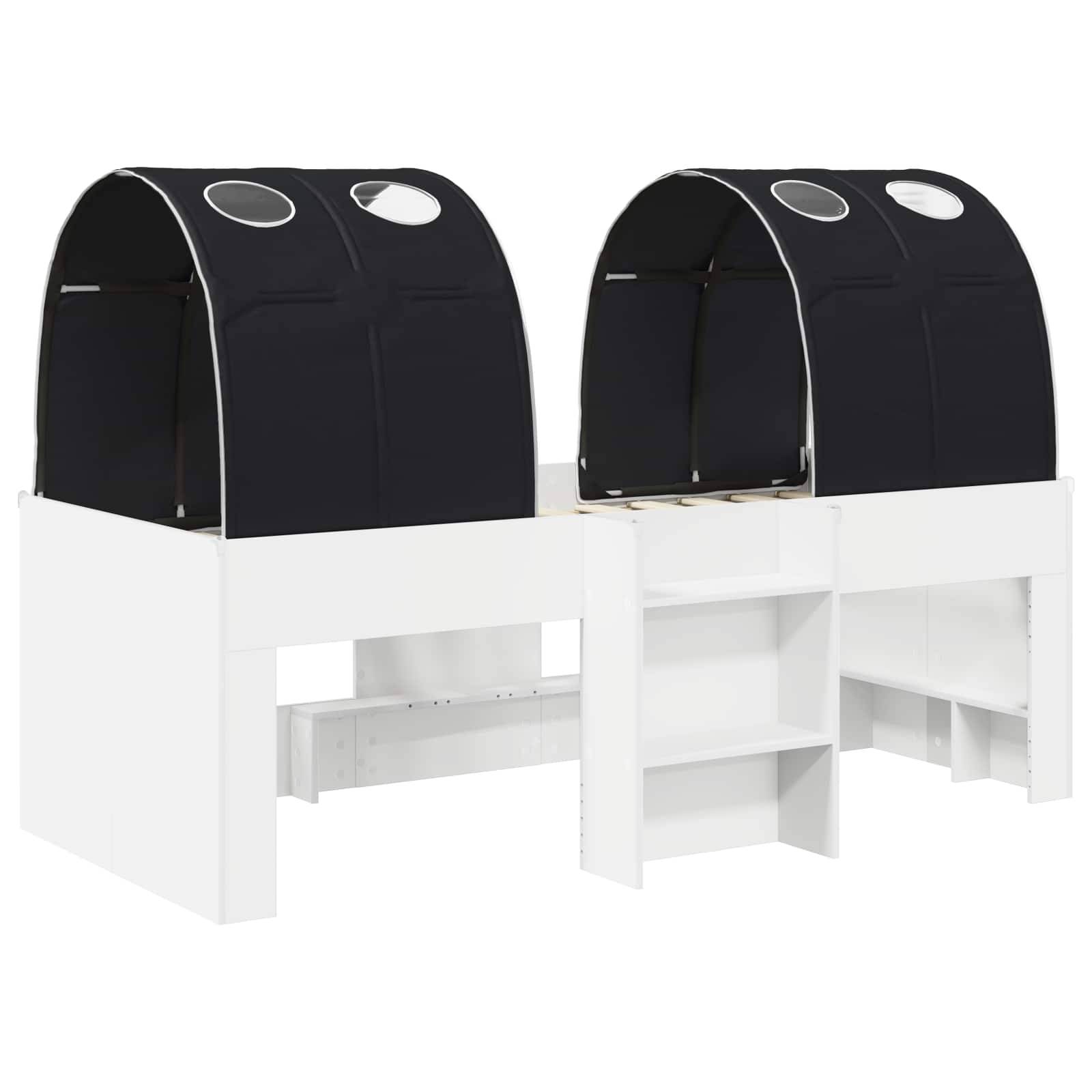 Zwei schwarze Stoffspielzelte auf einem weißen Hochbett-Loft mit eingebauten Regalen und Schreibtischplatz darunter.