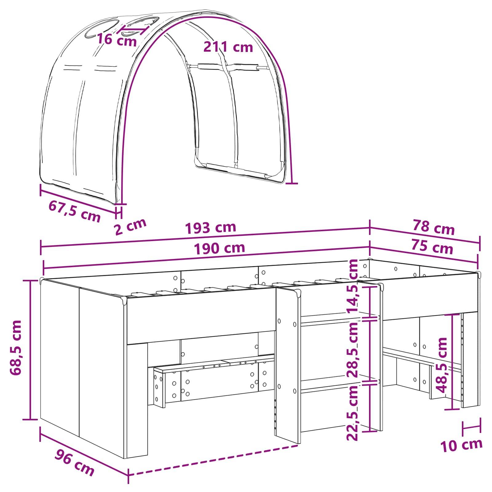 vidaXL Bett mit Tunnel 4 pcs Sonoma und Pink Holzwerkstoff
