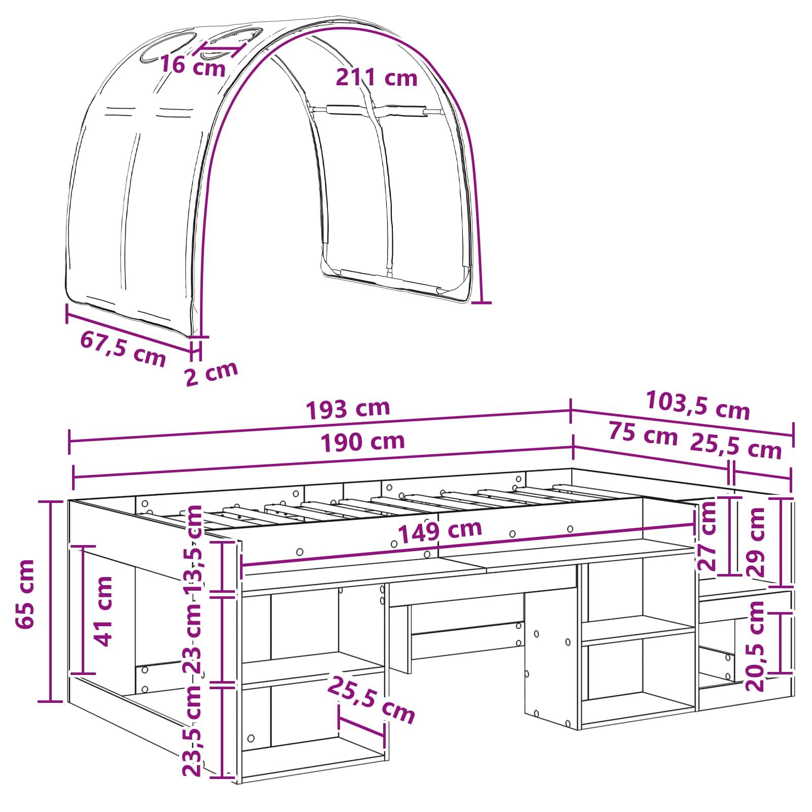 vidaXL Bettgestell mit Tunnel mit Regal 3 Stk. Sonoma-Eiche und Weiß