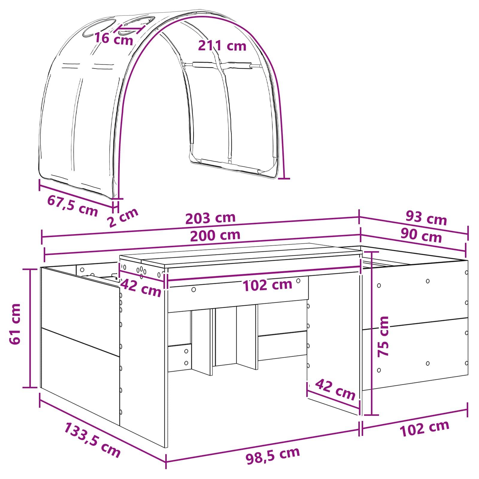 vidaXL Bett mit Tunnel 3 Stk. Artisian Eiche und Pink Holzwerkstoff