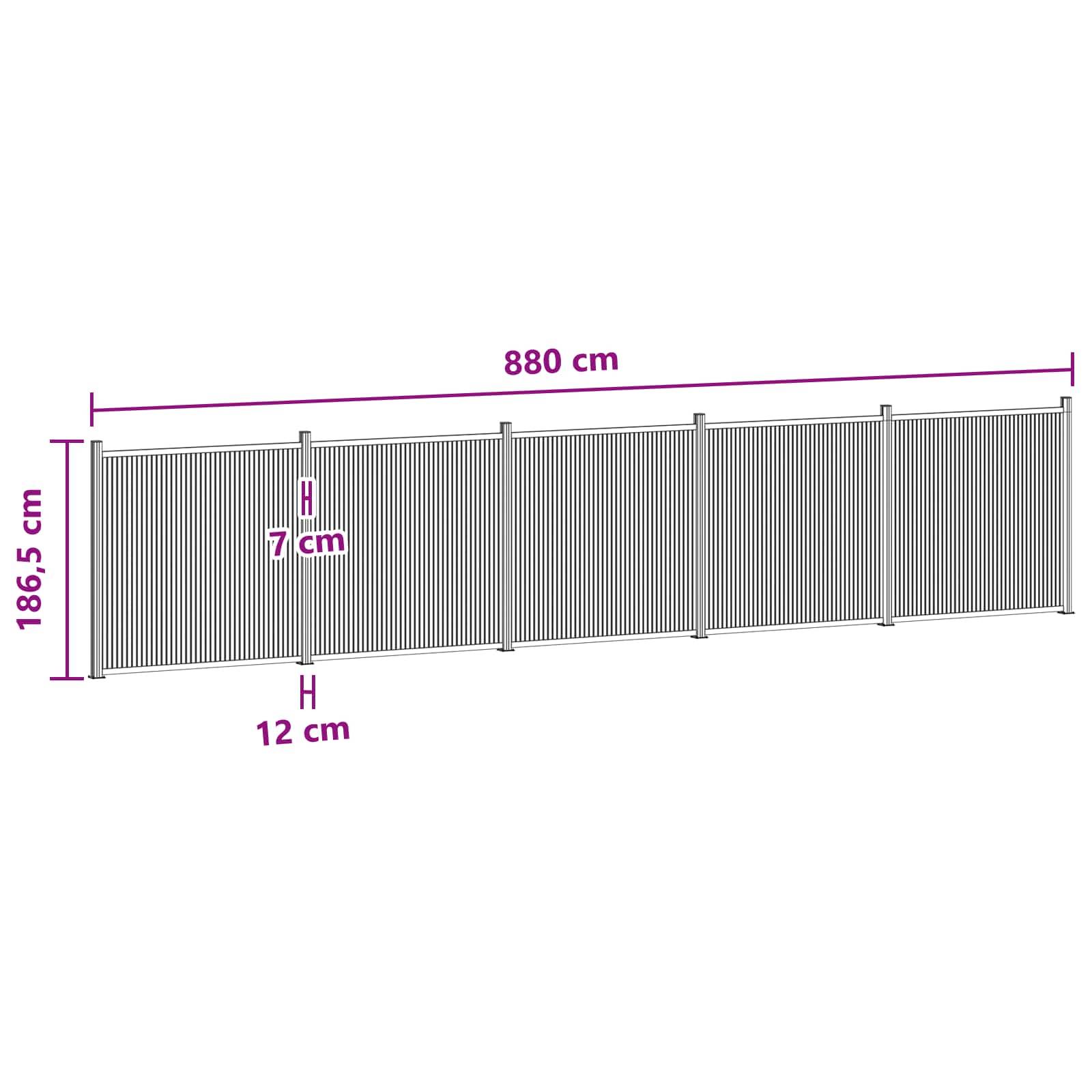 Technische Zeichnung eines langen gerippten Zauntafelfeldes: 880 cm breit und 186,5 cm hoch, mit Abstandsmessungen von 7 cm und 12 cm markiert.