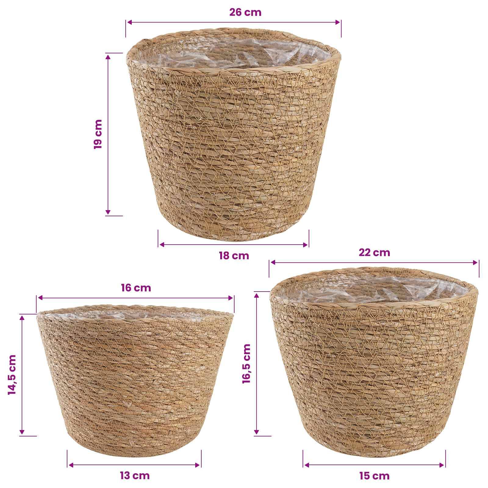 vidaXL Seegras Pflanzenkörbe 3 pcs Natur Ø26 x 19 cm 100% Seegras